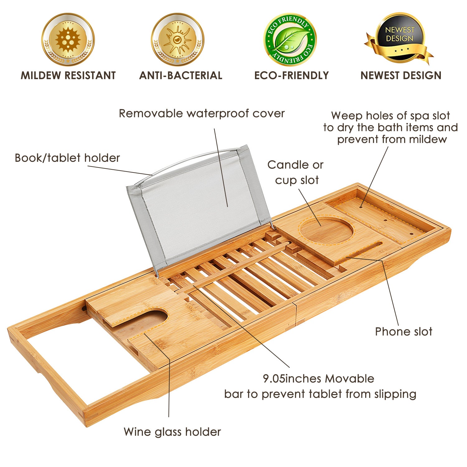 1Pc Bathtub Caddy Tray Crafted Bamboo Bath Tray Table
