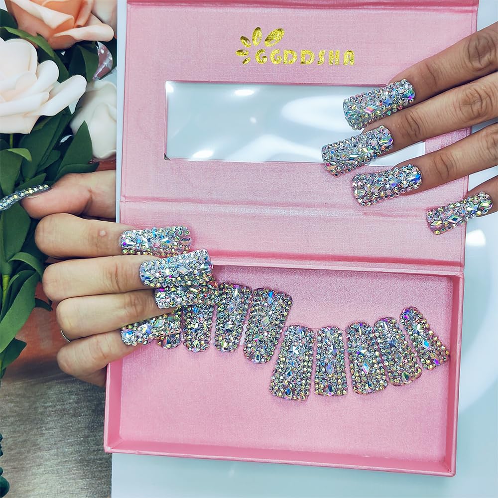 GGddsha Full Diamond Duck Nails Medium Square ReusablePMMA Acrylic Nails Handmade Full Coverage Deluxe 3DCrystal With Box Gift For Women,Aurora Edge