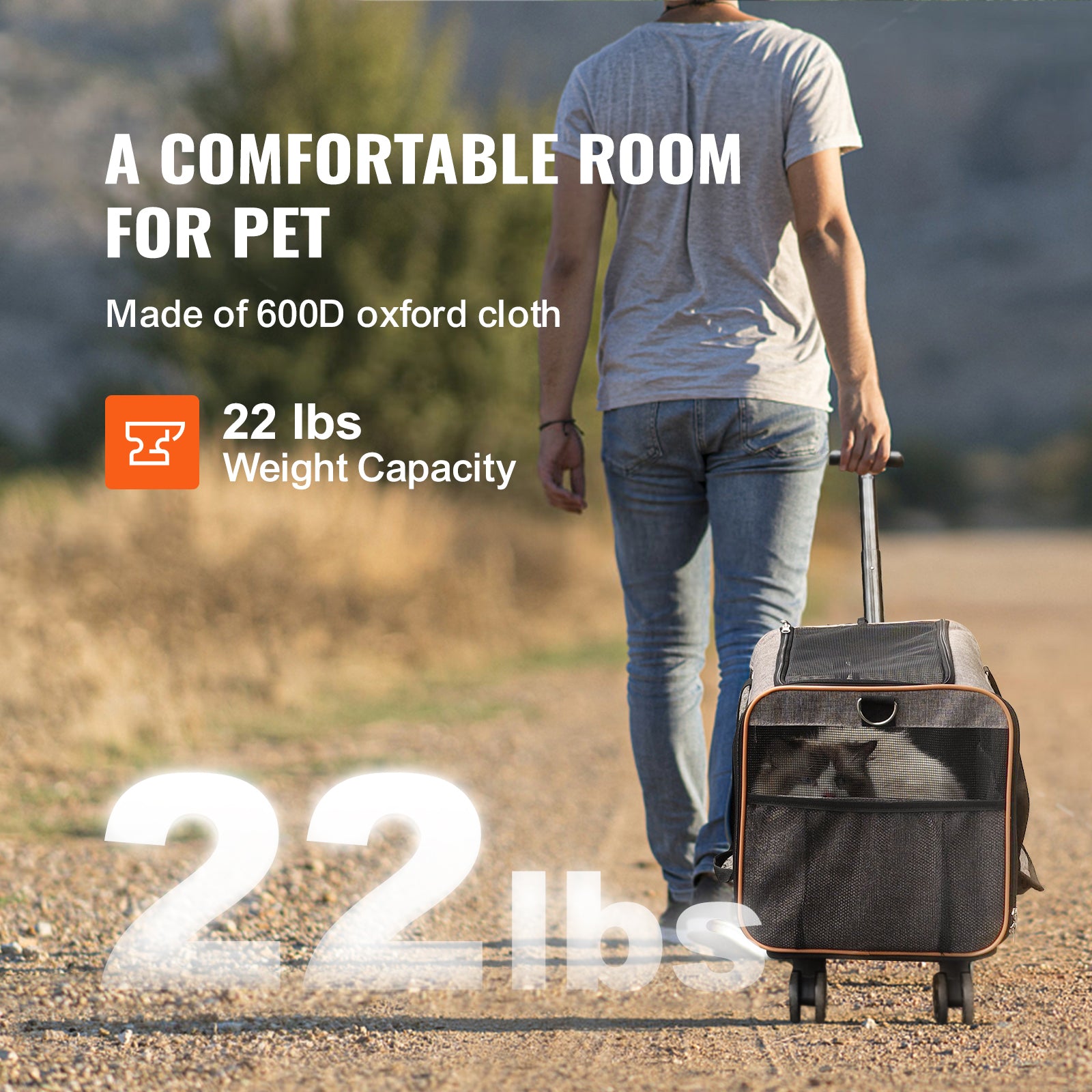 VEVOR Cat  & Dog Carrier With Wheels, Airline Approved Rolling Pet Carrier With Telescopic Handle And Shoulder Strap,For Pets Under 22 Lbs, With 1 Folding Bowl, Grey