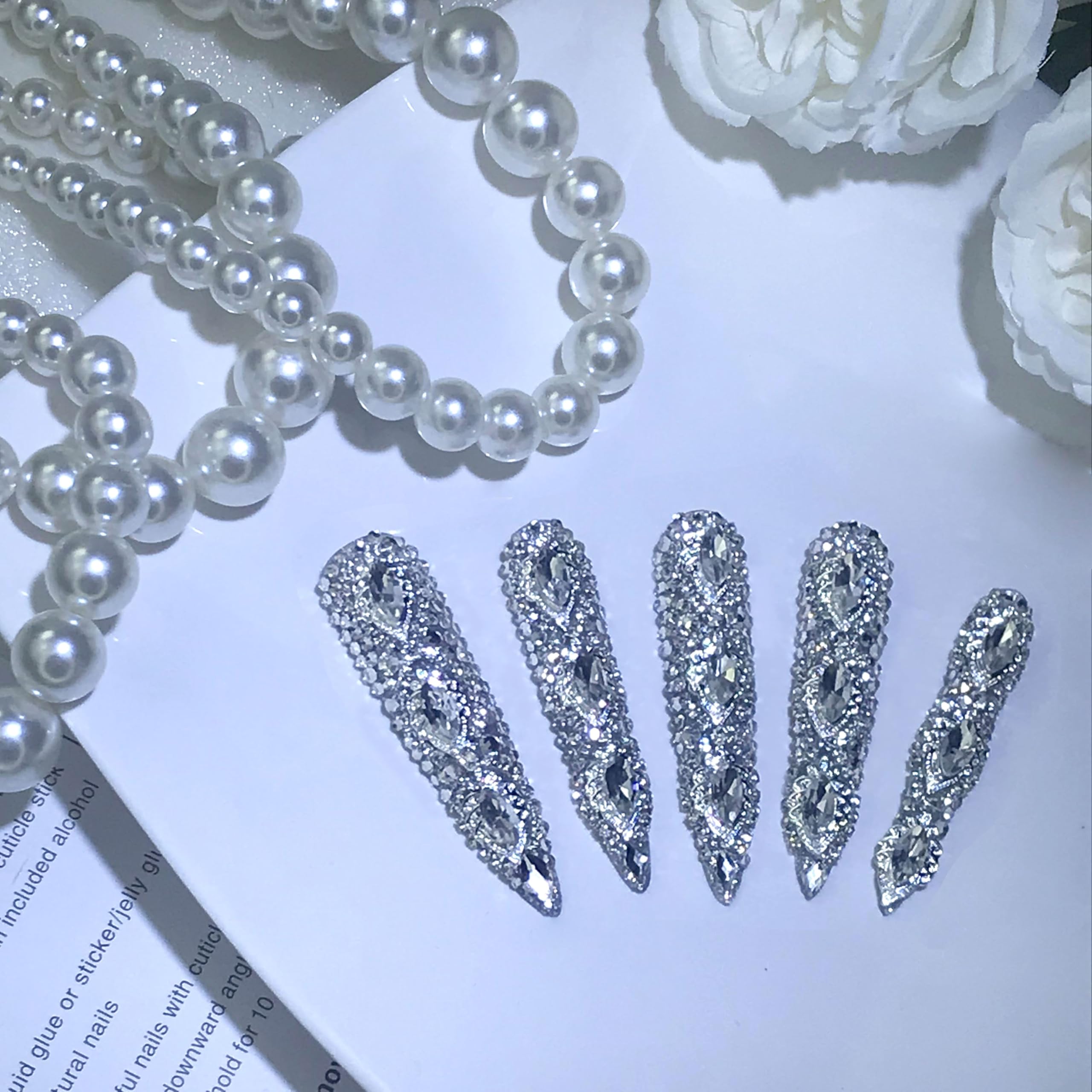 GGddsha Queen Of Haute Style Full Diamond Long AlmondPress On Nails PMMA Acrylic Handmade Nails Full Deluxe 3DCrystal ,Glacial Empress