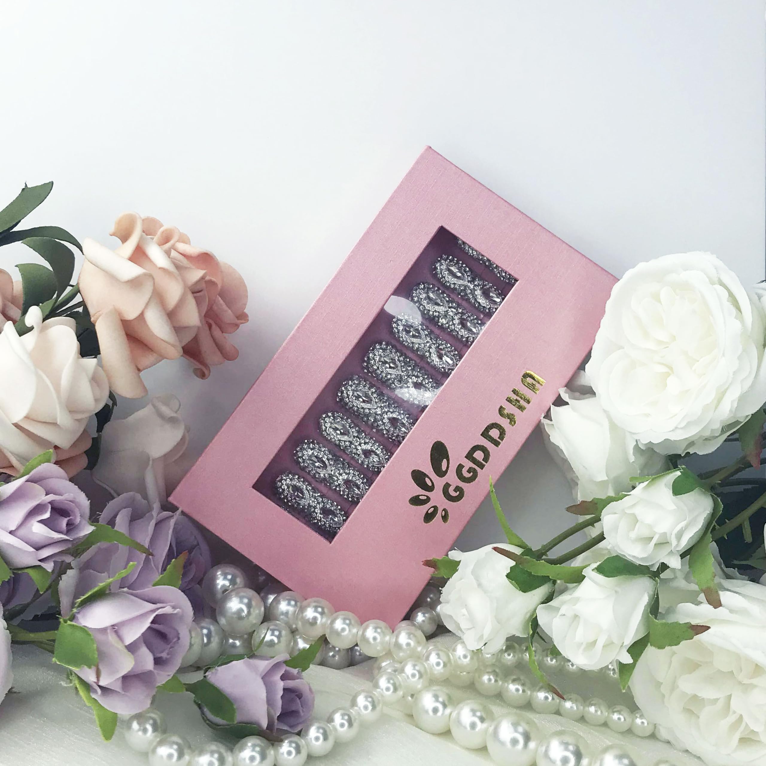 GGddsha Queen Of Haute Style Full Diamond Long AlmondPress On Nails PMMA Acrylic Handmade Nails Full Deluxe 3DCrystal ,Glacial Empress