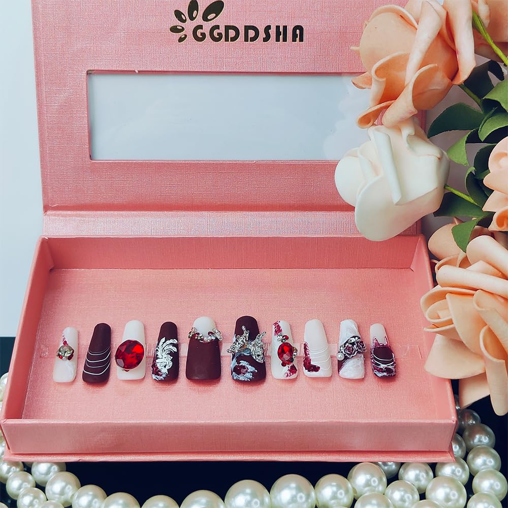 GGddsha  PMA Acrylic Handmade Nails FullDeluxe 3D Crystal W Box Gift For Women,Suede Scarlet