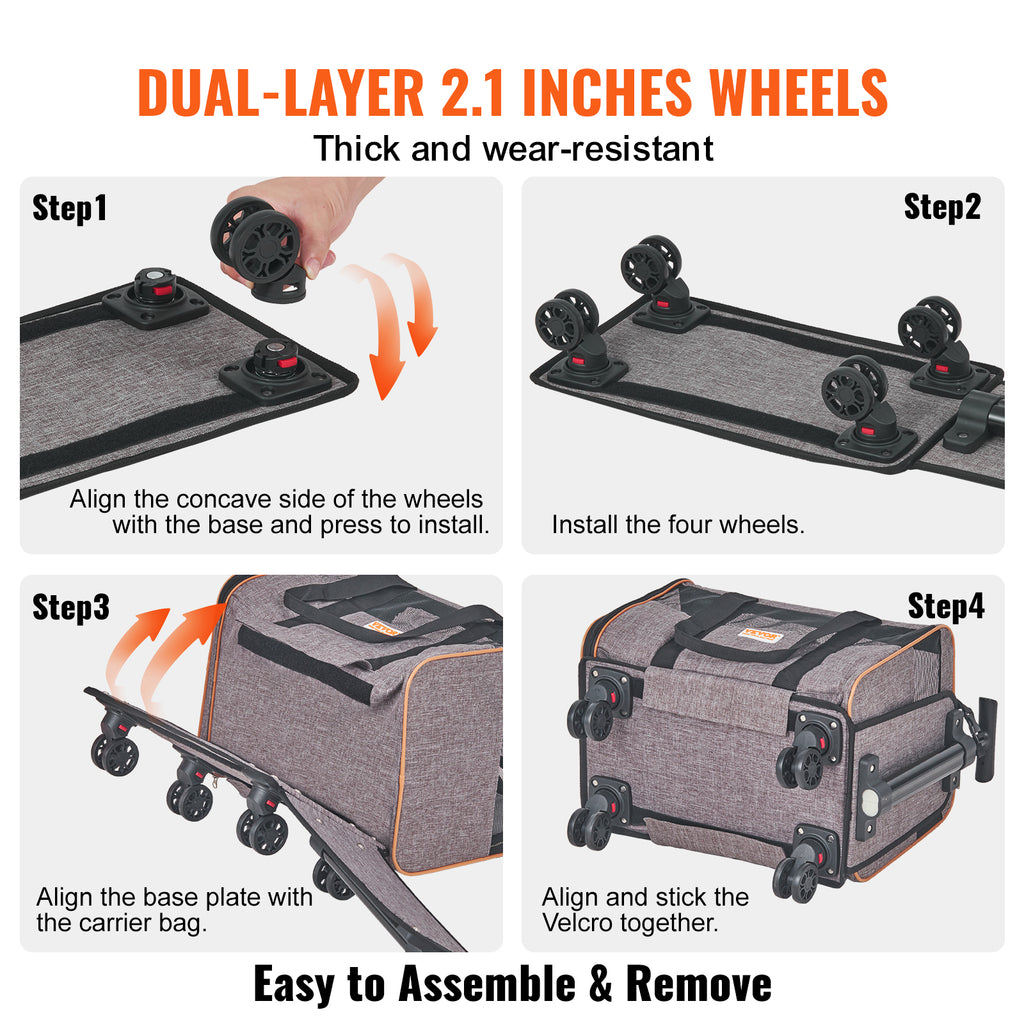 VEVOR Cat  & Dog Carrier With Wheels, Airline Approved Rolling Pet Carrier With Telescopic Handle And Shoulder Strap,For Pets Under 22 Lbs, With 1 Folding Bowl, Grey
