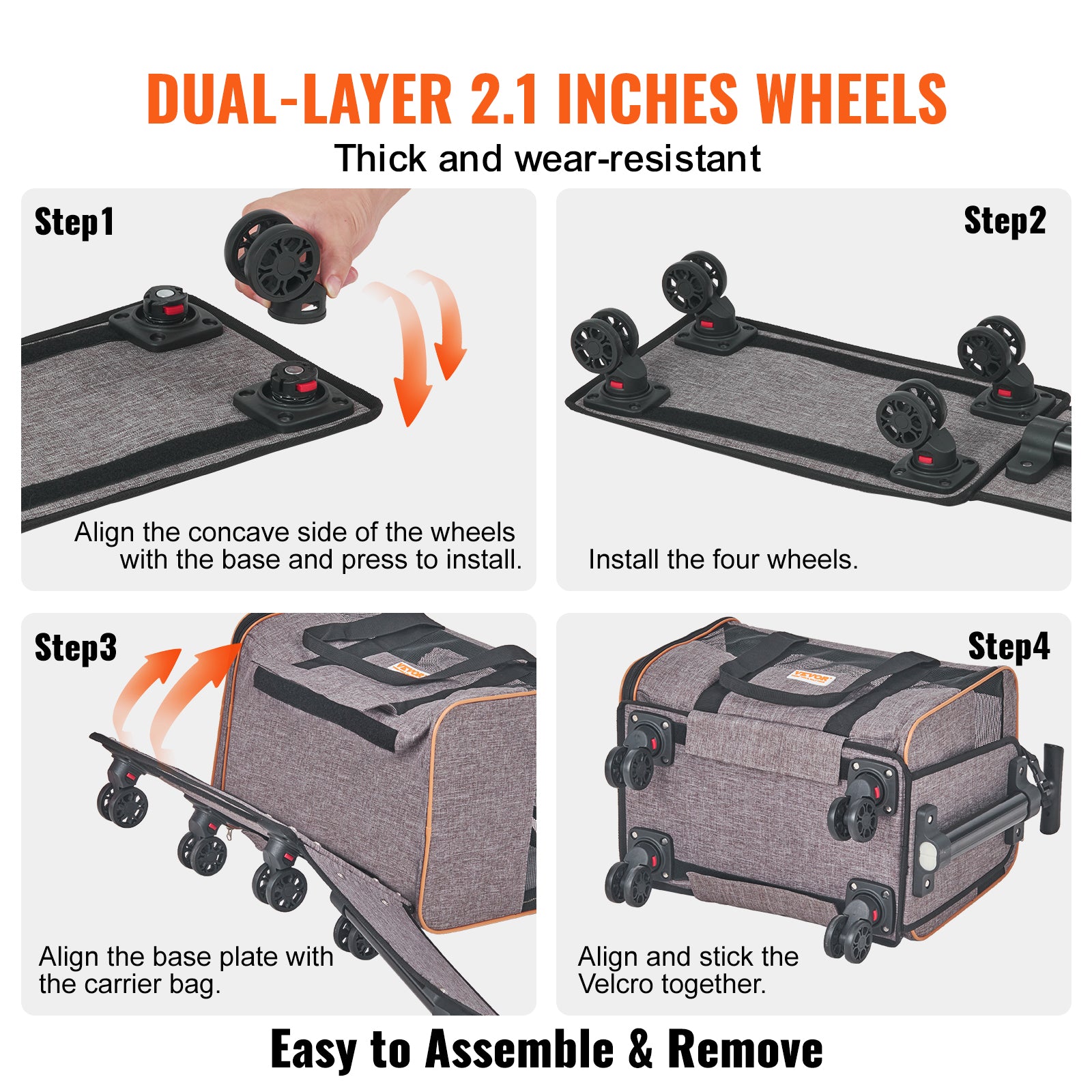VEVOR Cat  & Dog Carrier With Wheels, Airline Approved Rolling Pet Carrier With Telescopic Handle And Shoulder Strap,For Pets Under 22 Lbs, With 1 Folding Bowl, Grey