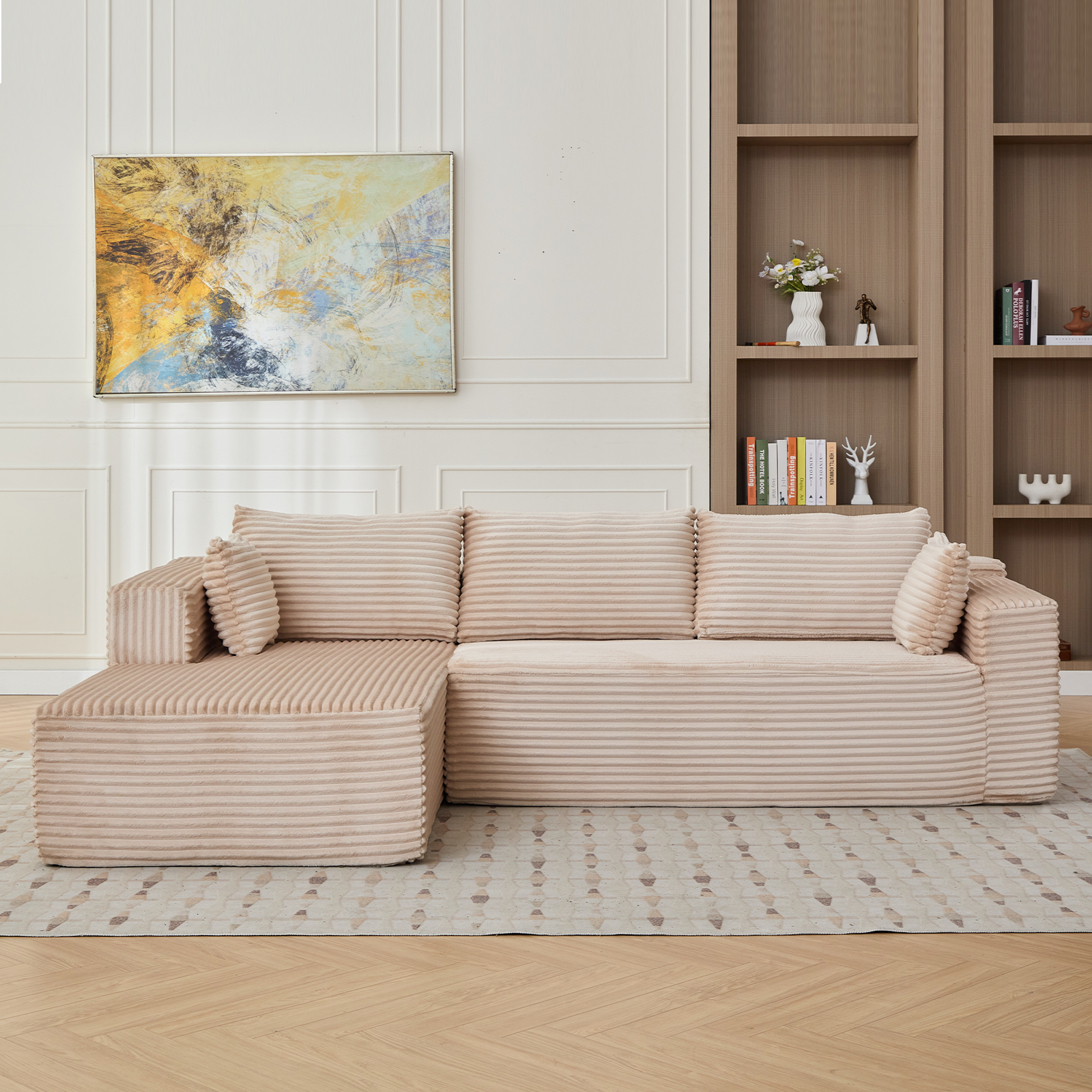 Compression Sectional Couch With Comfy Chaise, Boneless L Shape Sofa With Deep Seat, Minimalist Modular Couches Sleeper For Living Room Bedroom Apartment Lounge,corduroy,Beige