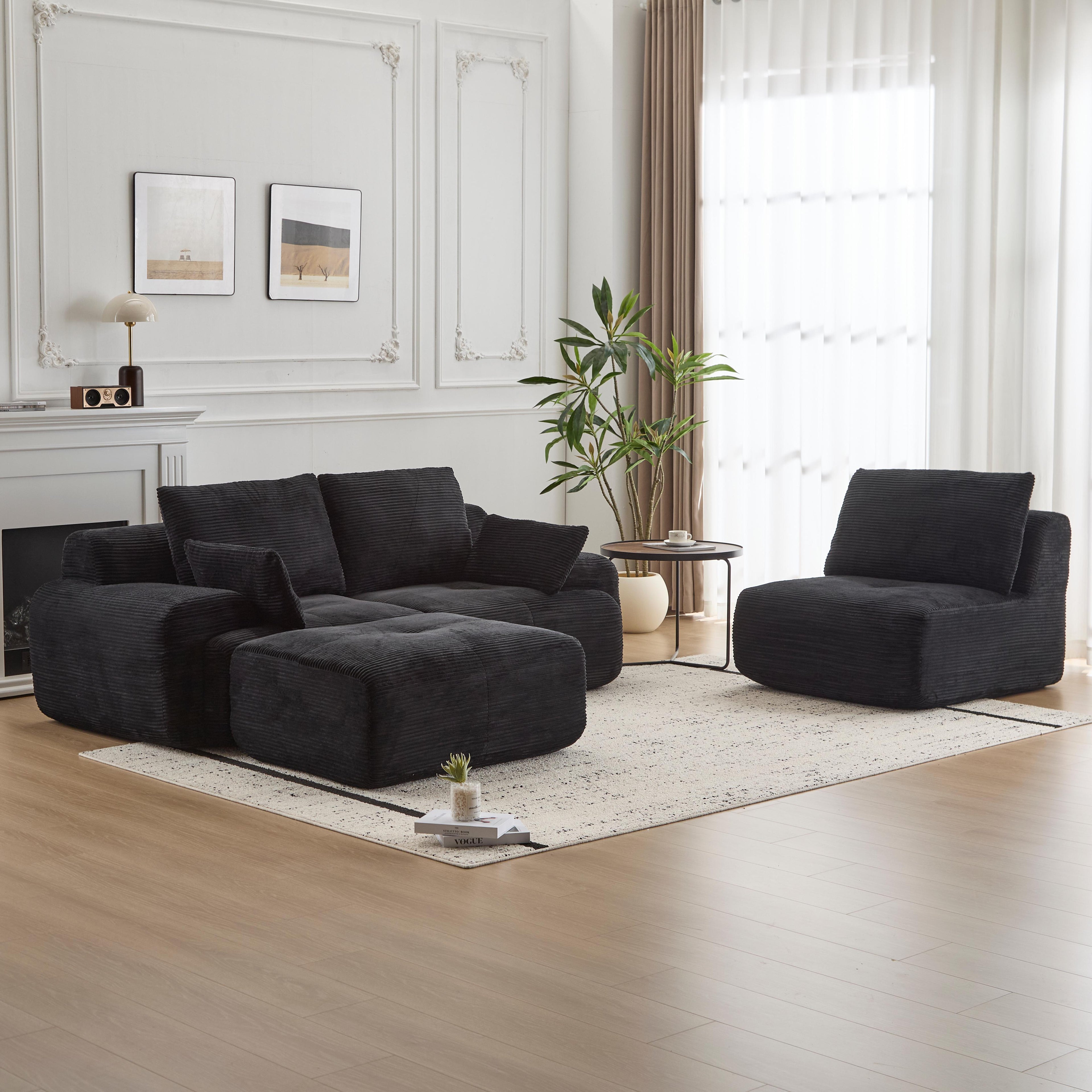 Modern Memory Foam Compressed Sofa,Large Sectional Couches For Living Room,Pet-Friendly Cloud Modular Sectional Sofa,Corduroy Fabric,Extra Deep Loveseat,No Assembly Required, Black
