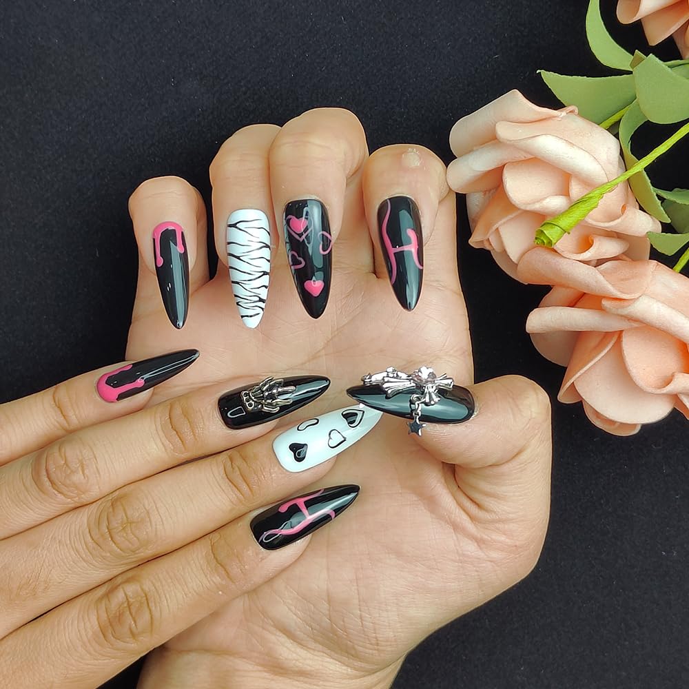 GGddsha Dark Series Pure Handmade Pressed Full StickMedium Almond Nails Hand Painted Designs ReusablePMMA Acrylic Press On Nails With Rhinestones w Box Ladies Gifts,Eclipse Sketch