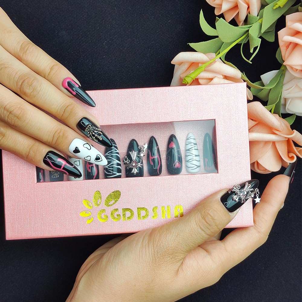 GGddsha Dark Series Pure Handmade Pressed Full StickMedium Almond Nails Hand Painted Designs ReusablePMMA Acrylic Press On Nails With Rhinestones w Box Ladies Gifts,Eclipse Sketch