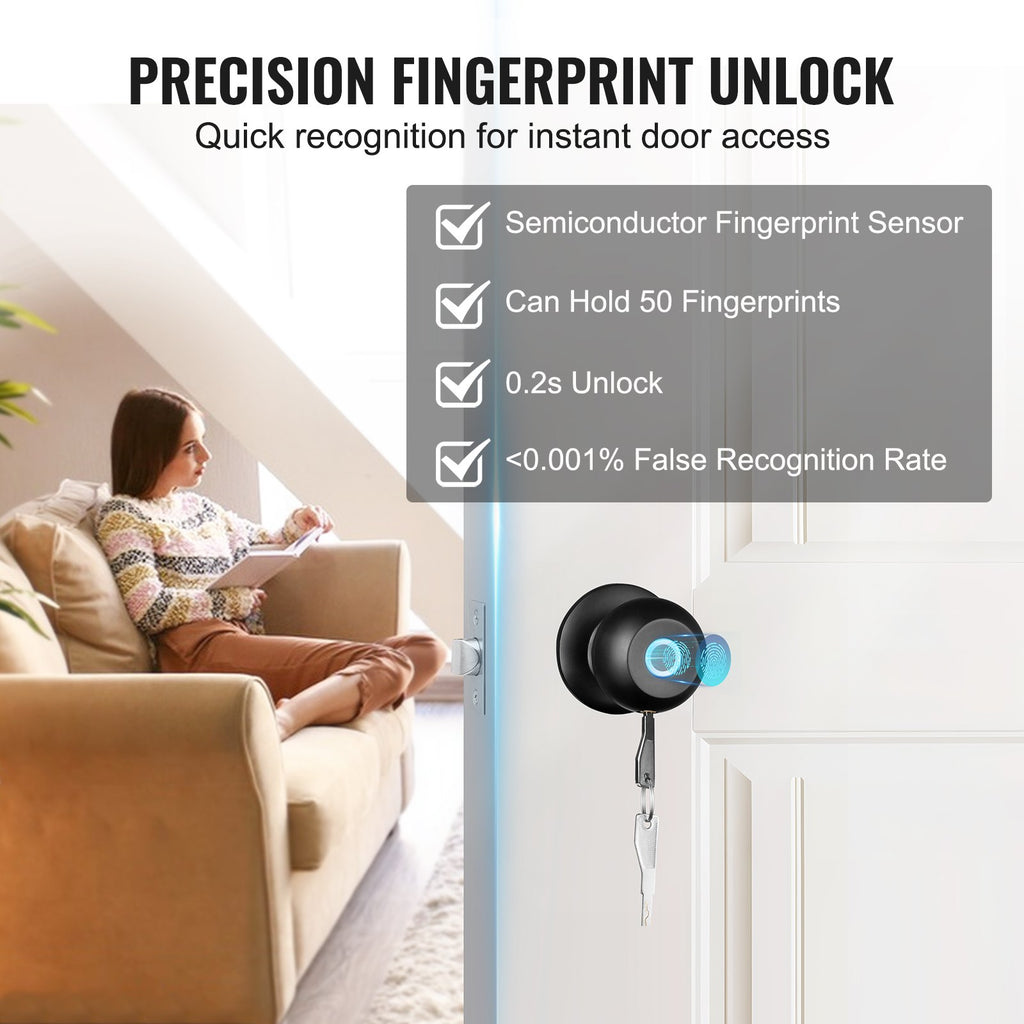 VEVOR Smart Door Knob, Biometric Door Lock Bluetooth Smart Lock, Fingerprint Smart Lock With APP Control, Easy Installation Door Lock, For Home Bedrooms, Cloakroom, Hotels, Apartments Offices, Black