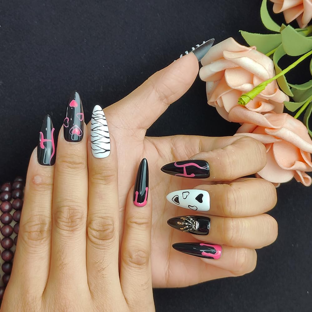 GGddsha Dark Series Pure Handmade Pressed Full StickMedium Almond Nails Hand Painted Designs ReusablePMMA Acrylic Press On Nails With Rhinestones w Box Ladies Gifts,Eclipse Sketch
