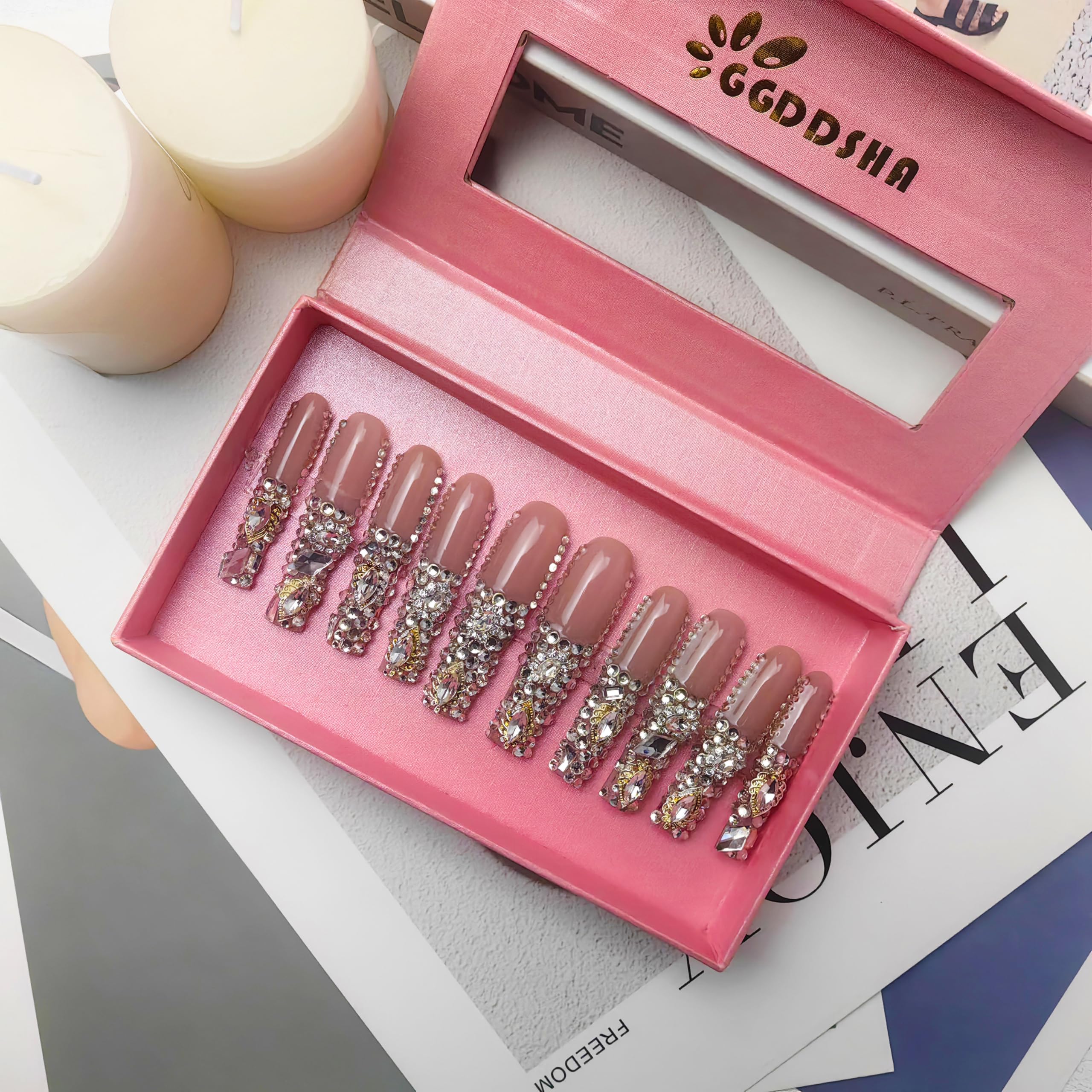 GGddsha New PMMA Acrylic Press On Nails StunningBling Nails, Rhinestone , Glitter Rhinestone NailsGradient Fake NailsCrystal Cascade