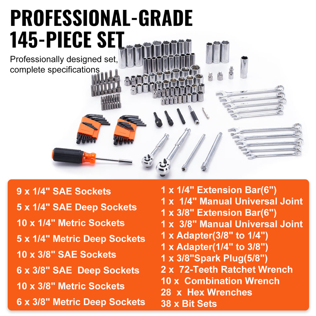 VEVOR Mechanics Tool Set And Socket Set,  Drive Deep And Standard Sockets, 145 Pcs SAE And Metric Mechanic Tool Kit With Bits, Combination Wrench, Hex Wrenches, Accessories, Storage Case