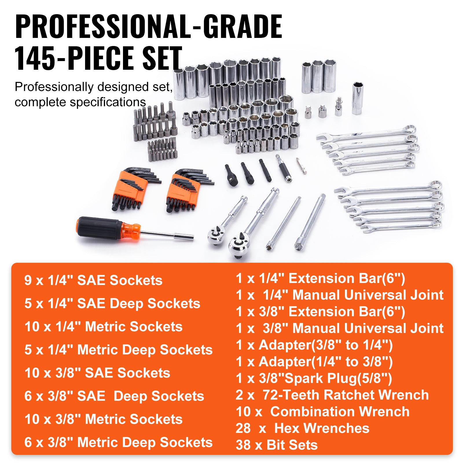 VEVOR Mechanics Tool Set And Socket Set,  Drive Deep And Standard Sockets, 145 Pcs SAE And Metric Mechanic Tool Kit With Bits, Combination Wrench, Hex Wrenches, Accessories, Storage Case