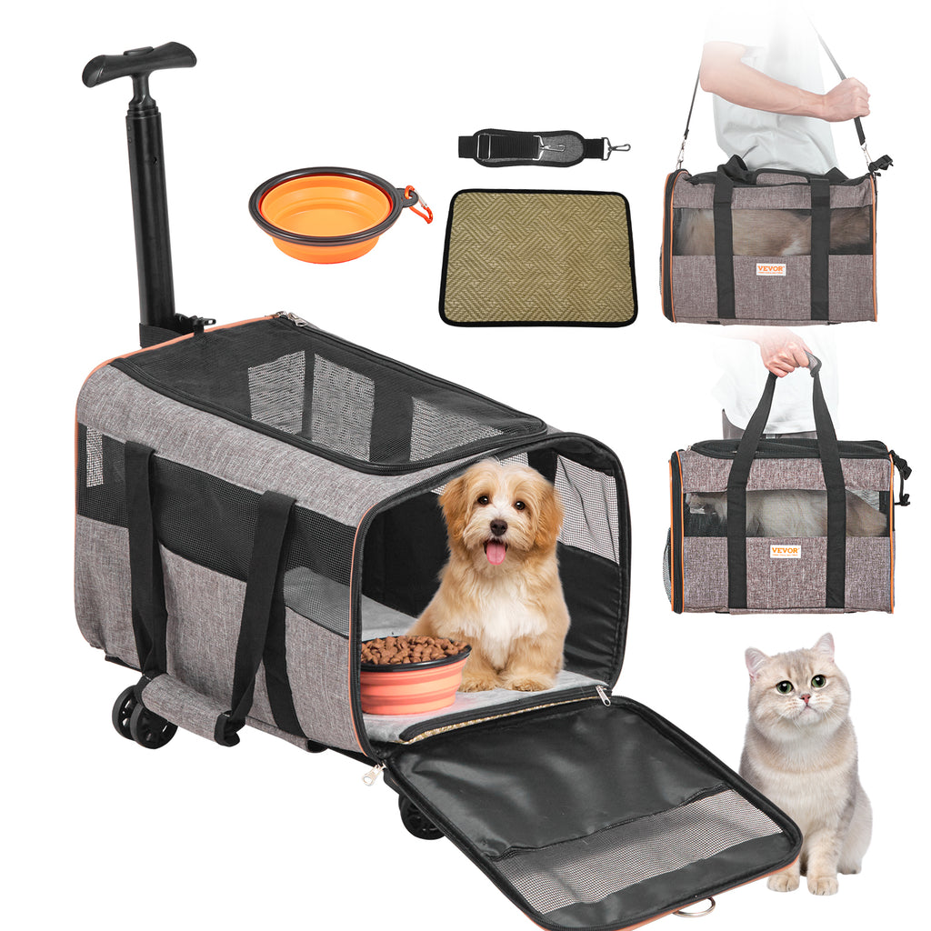 VEVOR Cat  & Dog Carrier With Wheels, Airline Approved Rolling Pet Carrier With Telescopic Handle And Shoulder Strap,For Pets Under 22 Lbs, With 1 Folding Bowl, Grey