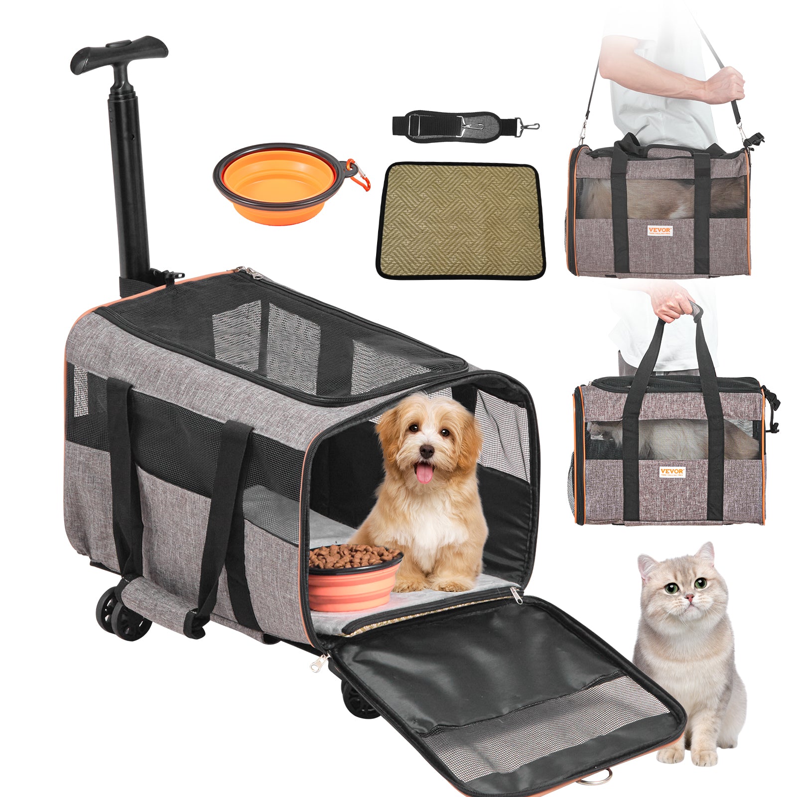 VEVOR Cat  & Dog Carrier With Wheels, Airline Approved Rolling Pet Carrier With Telescopic Handle And Shoulder Strap,For Pets Under 22 Lbs, With 1 Folding Bowl, Grey