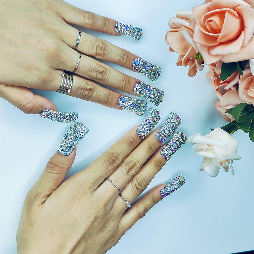 GGddsha Full Diamond Duck Nails Medium Square ReusablePMMA Acrylic Nails Handmade Full Coverage Deluxe 3DCrystal With Box Gift For Women,Aurora Edge