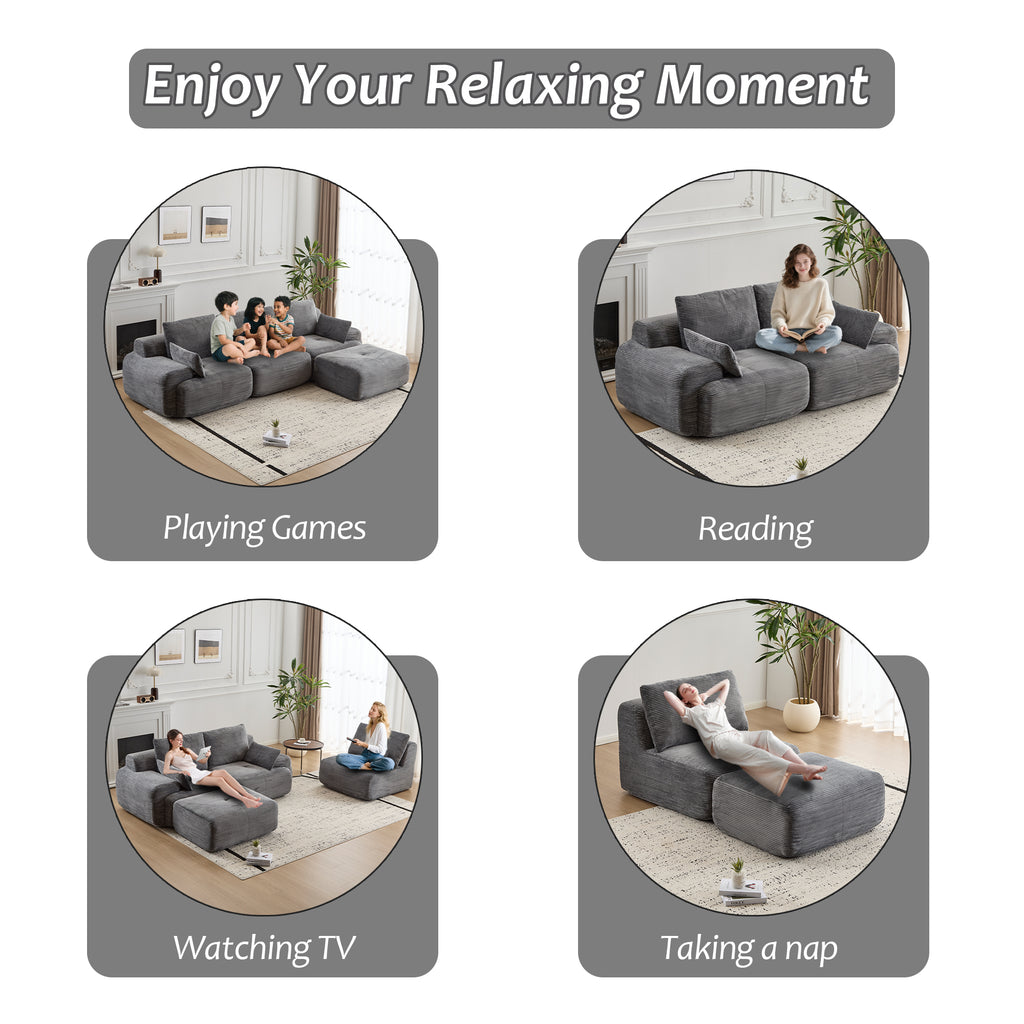 Modern Memory Foam Compressed Sofa,Large Sectional Couches For Living Room,Pet-Friendly Cloud Modular Sectional Sofa,Corduroy Fabric,Extra Deep Loveseat,No Assembly Required,GREY