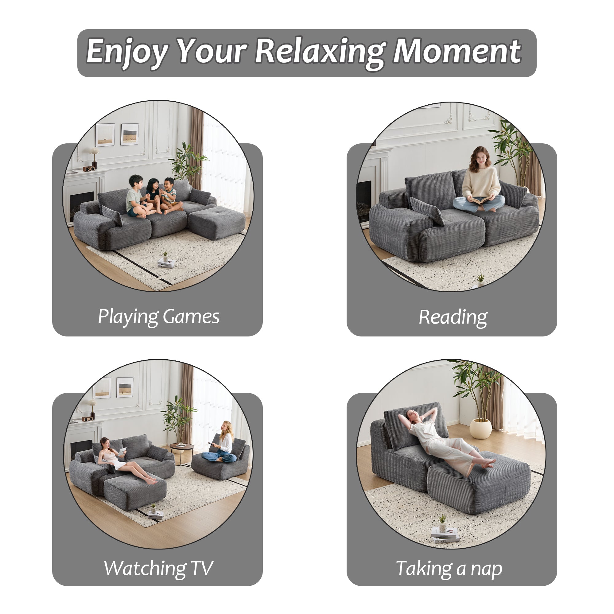 Modern Memory Foam Compressed Sofa,Large Sectional Couches For Living Room,Pet-Friendly Cloud Modular Sectional Sofa,Corduroy Fabric,Extra Deep Loveseat,No Assembly Required,GREY