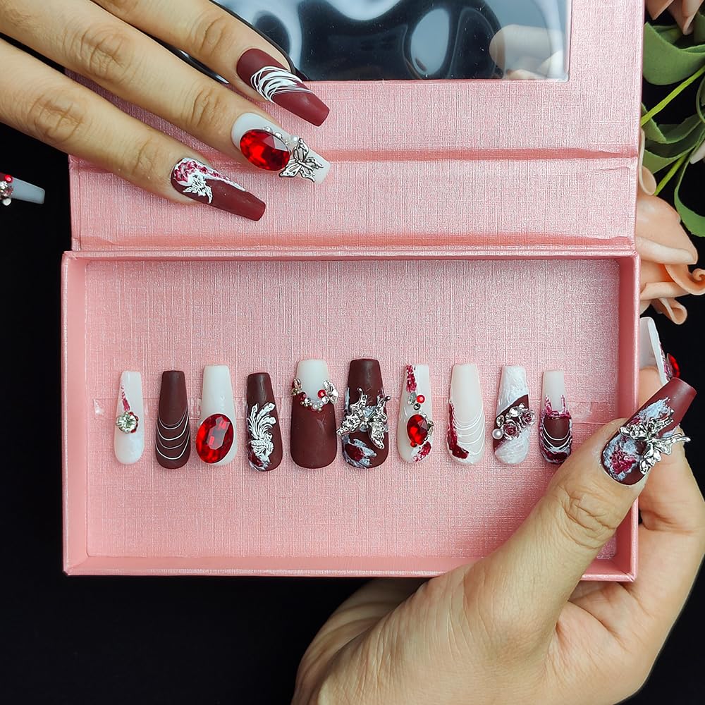 GGddsha  PMA Acrylic Handmade Nails FullDeluxe 3D Crystal W Box Gift For Women,Suede Scarlet