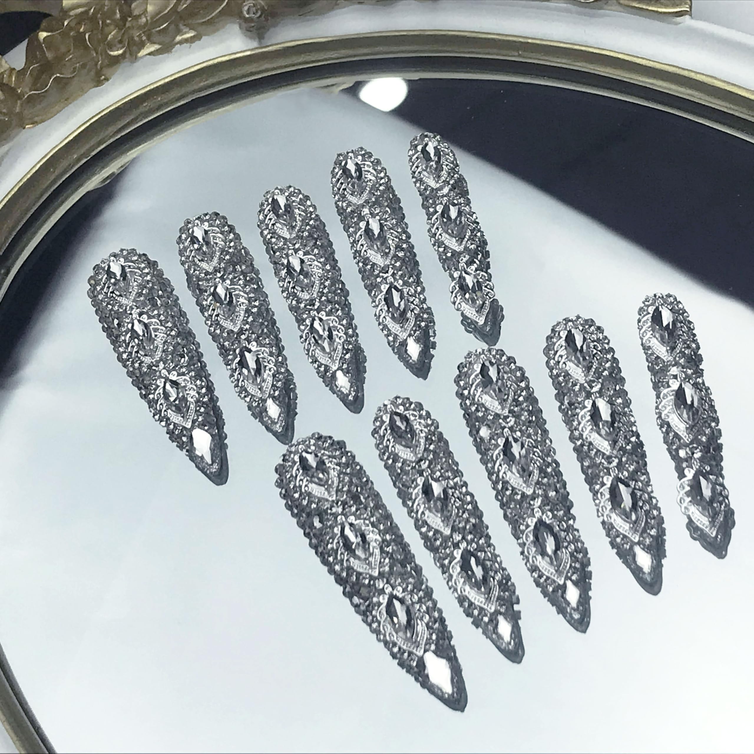 GGddsha Queen Of Haute Style Full Diamond Long AlmondPress On Nails PMMA Acrylic Handmade Nails Full Deluxe 3DCrystal ,Glacial Empress