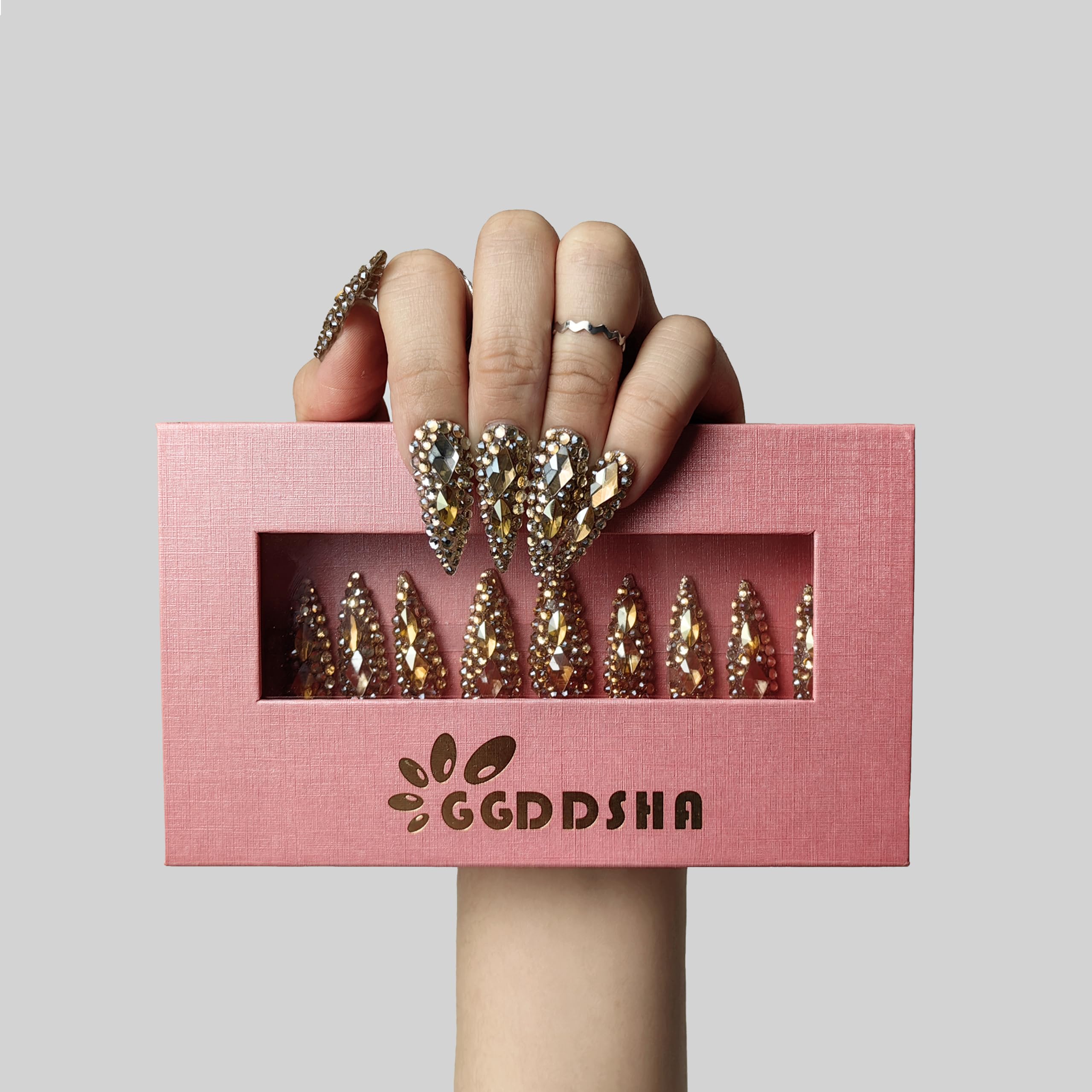 GGddsha Full Diamond Medium Almond Press On NailsReusable PMMA Acrylic Handmade Nails Full Deluxe 3DCrystal  W Box Gift For Women,Crown Jewel