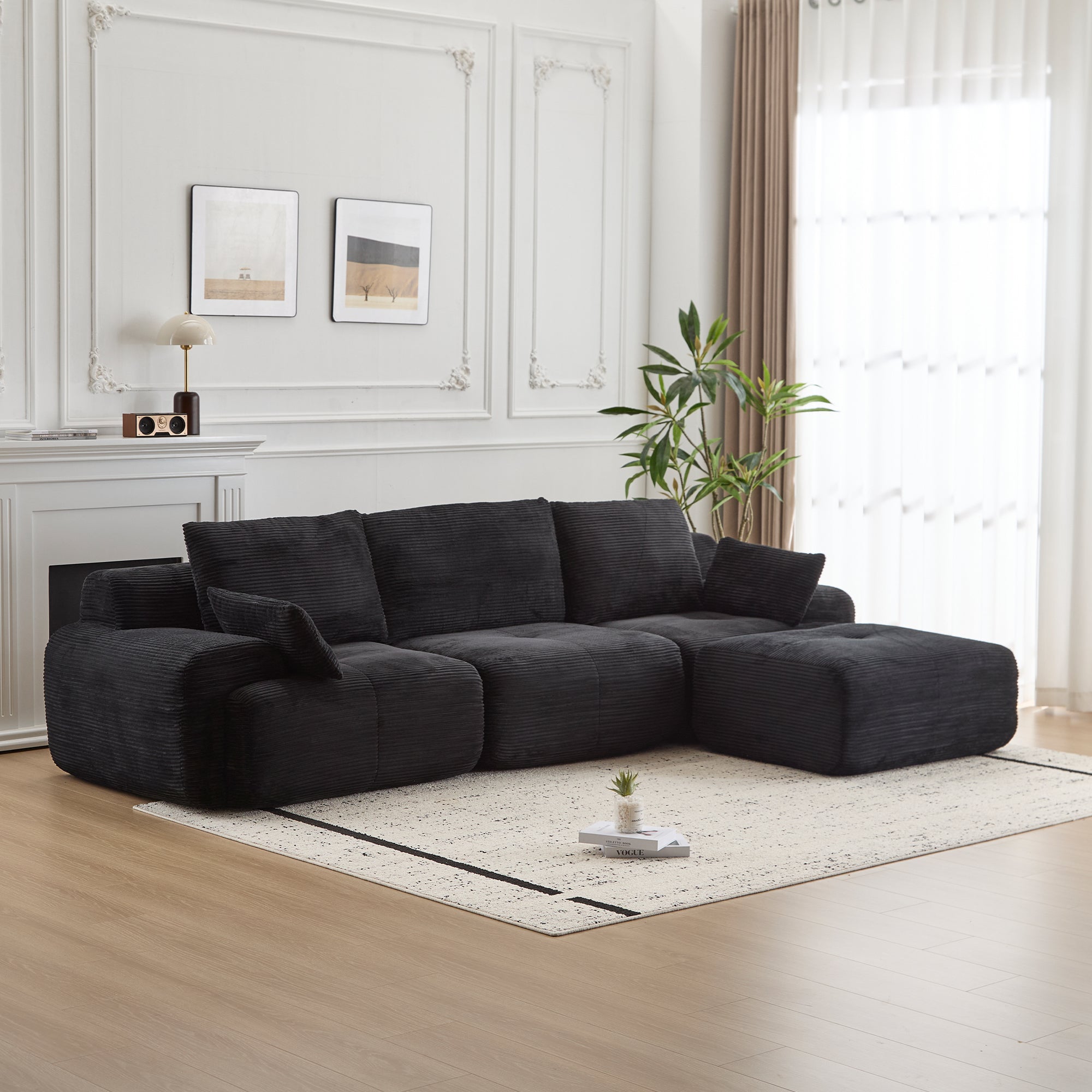 Modern Memory Foam Compressed Sofa,Large Sectional Couches For Living Room,Pet-Friendly Cloud Modular Sectional Sofa,Corduroy Fabric,Extra Deep Loveseat,No Assembly Required, Black
