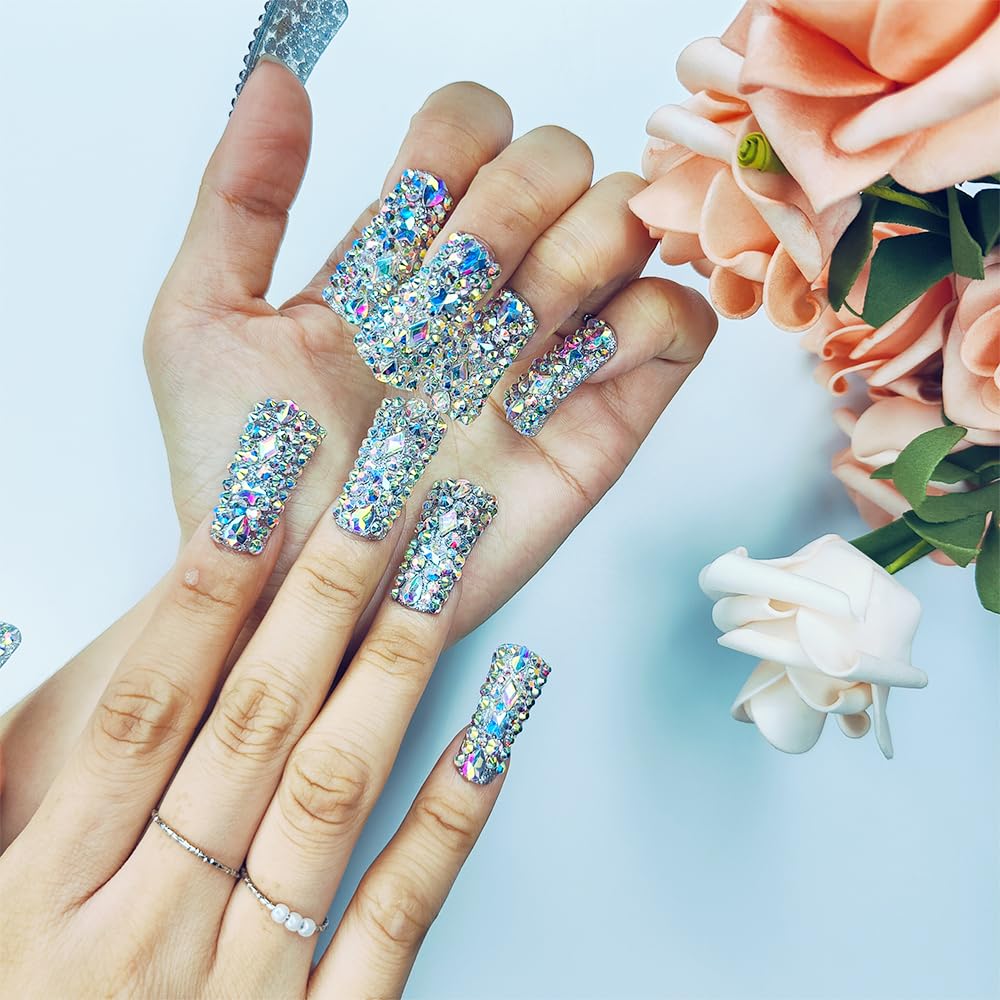 GGddsha Full Diamond Duck Nails Medium Square ReusablePMMA Acrylic Nails Handmade Full Coverage Deluxe 3DCrystal With Box Gift For Women,Aurora Edge