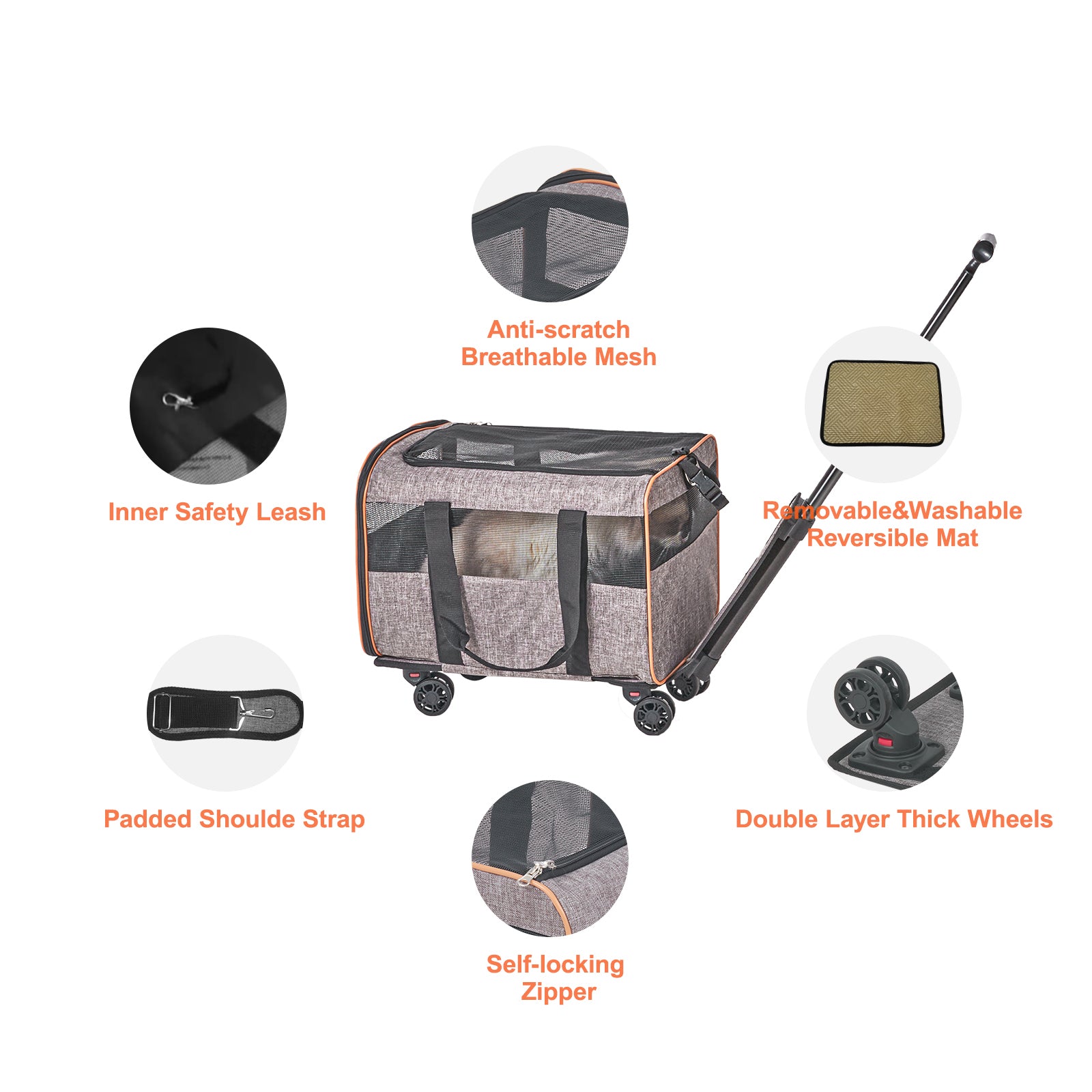 VEVOR Cat  & Dog Carrier With Wheels, Airline Approved Rolling Pet Carrier With Telescopic Handle And Shoulder Strap,For Pets Under 22 Lbs, With 1 Folding Bowl, Grey