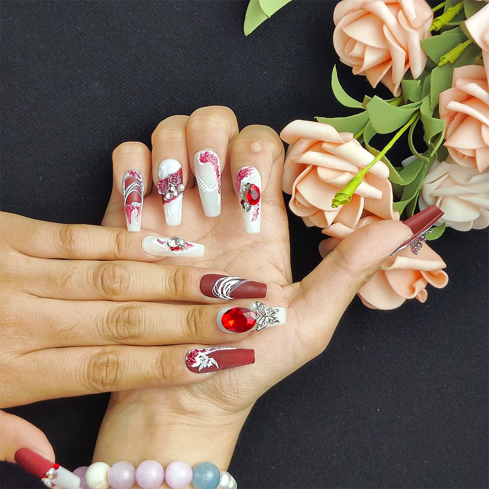 GGddsha  PMA Acrylic Handmade Nails FullDeluxe 3D Crystal W Box Gift For Women,Suede Scarlet