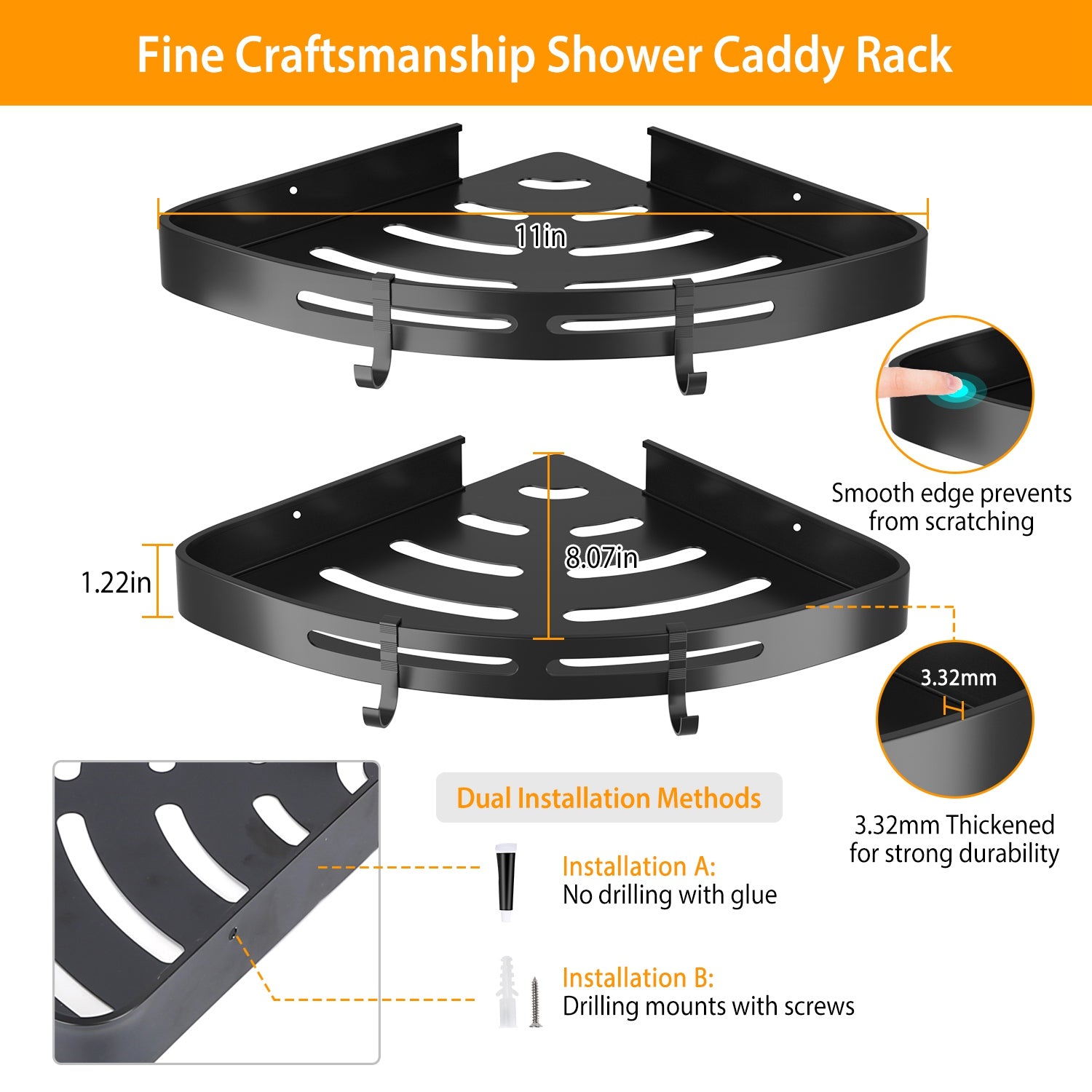 2Pcs Corner Shower Caddy Shelf Adhesive  Aluminum Organizers