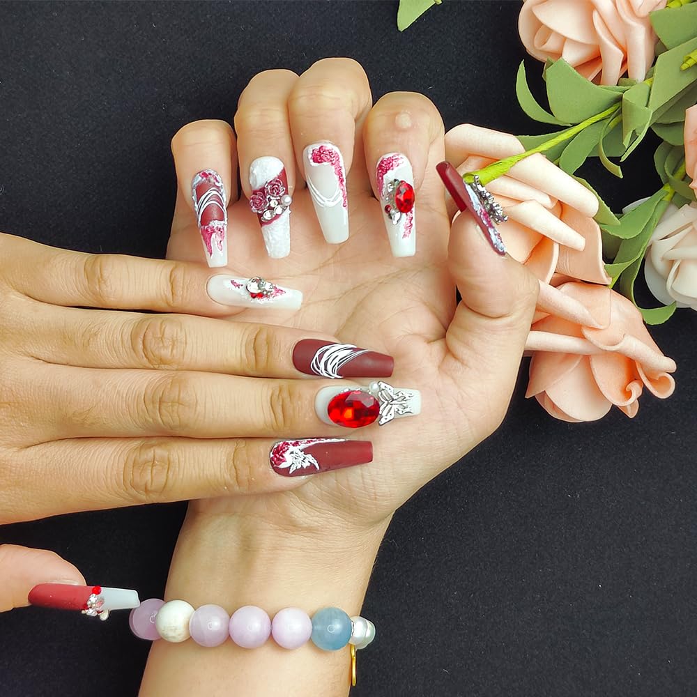 GGddsha  PMA Acrylic Handmade Nails FullDeluxe 3D Crystal W Box Gift For Women,Suede Scarlet