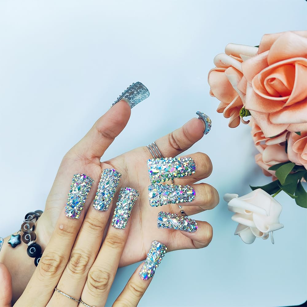 GGddsha Full Diamond Duck Nails Medium Square ReusablePMMA Acrylic Nails Handmade Full Coverage Deluxe 3DCrystal With Box Gift For Women,Aurora Edge