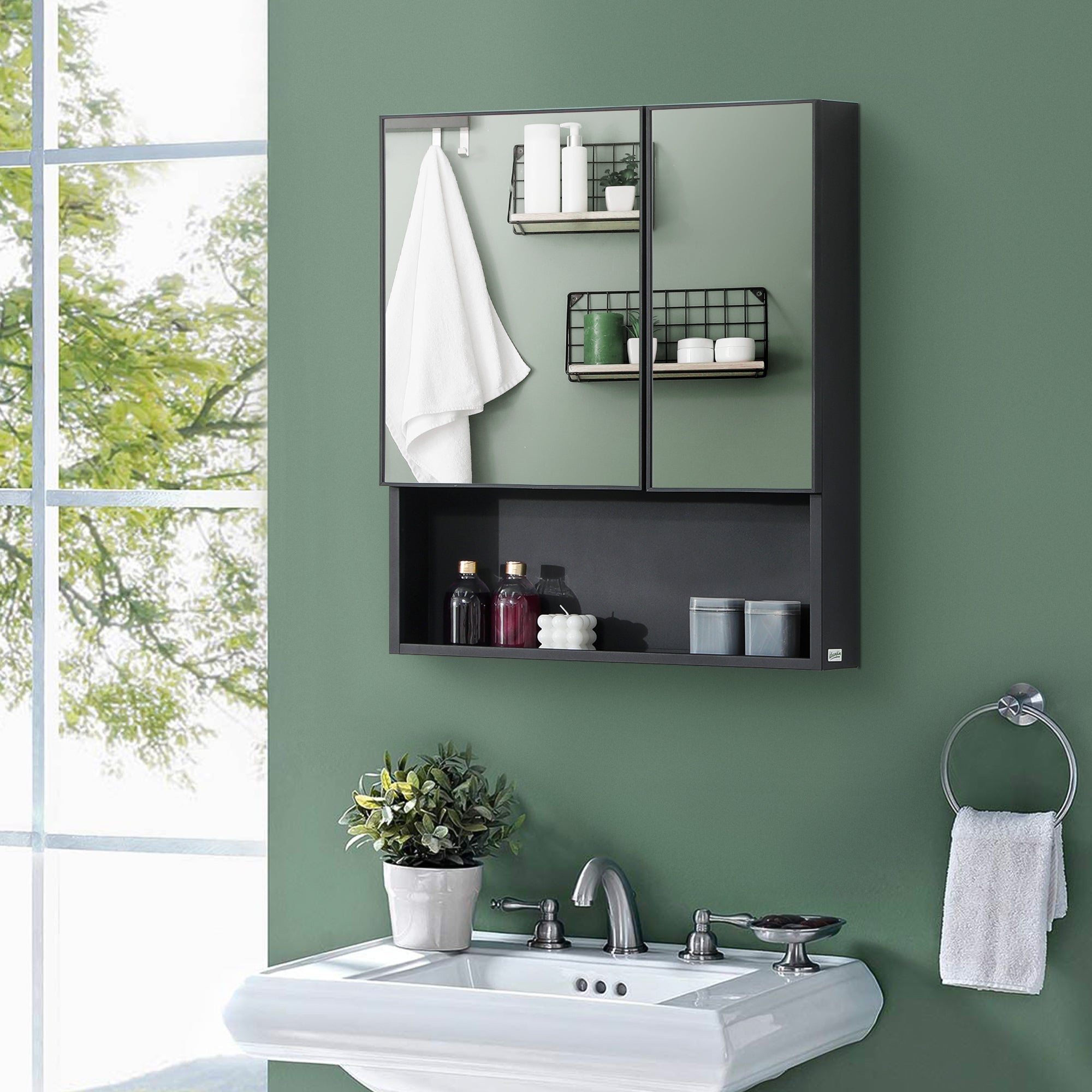 Wall-Mounted Medicine Cabinet, Bathroom Mirror Cabinet with Double Doors and Storage Shelves.