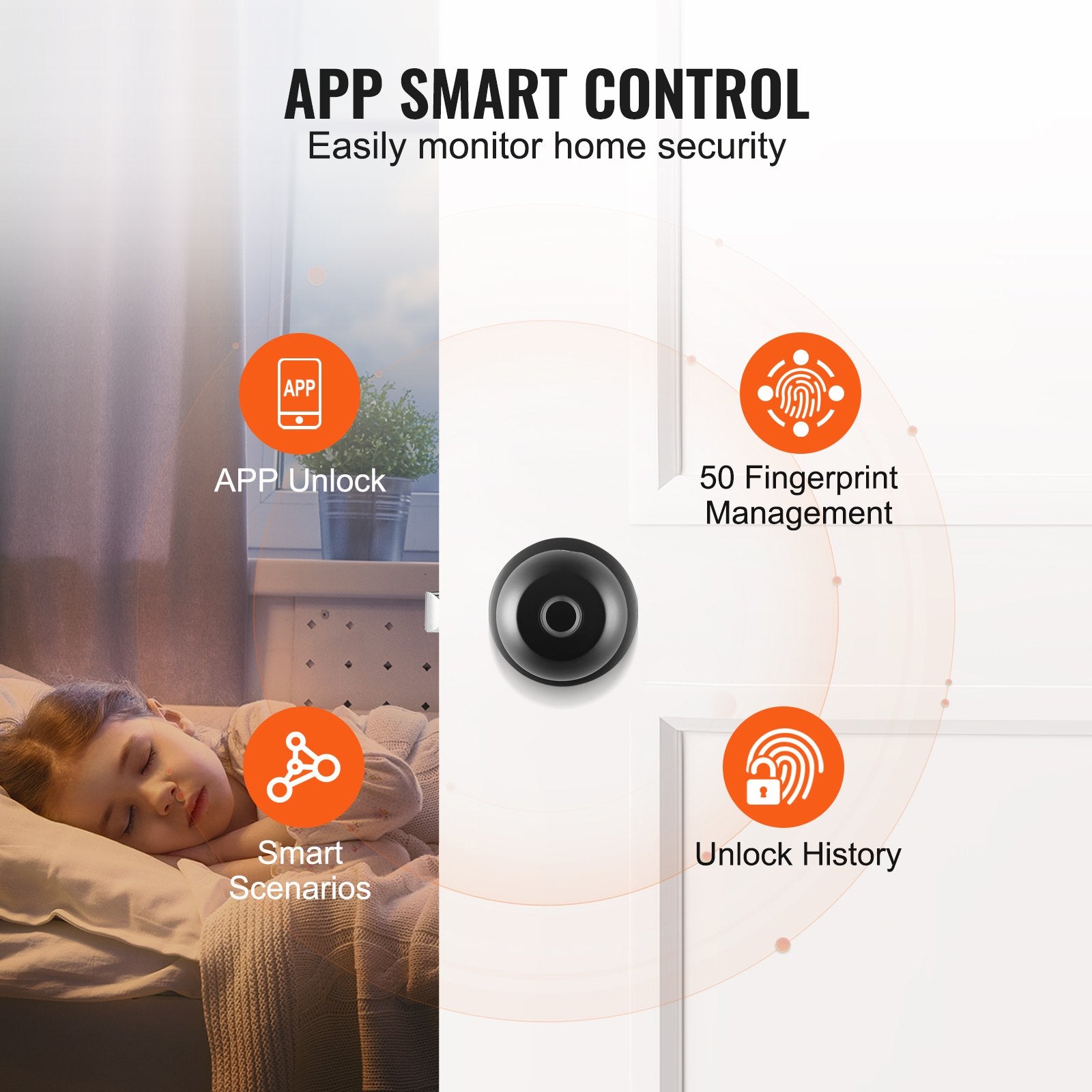 VEVOR Smart Door Knob, Biometric Door Lock Bluetooth Smart Lock, Fingerprint Smart Lock With APP Control, Easy Installation Door Lock, For Home Bedrooms, Cloakroom, Hotels, Apartments Offices, Black