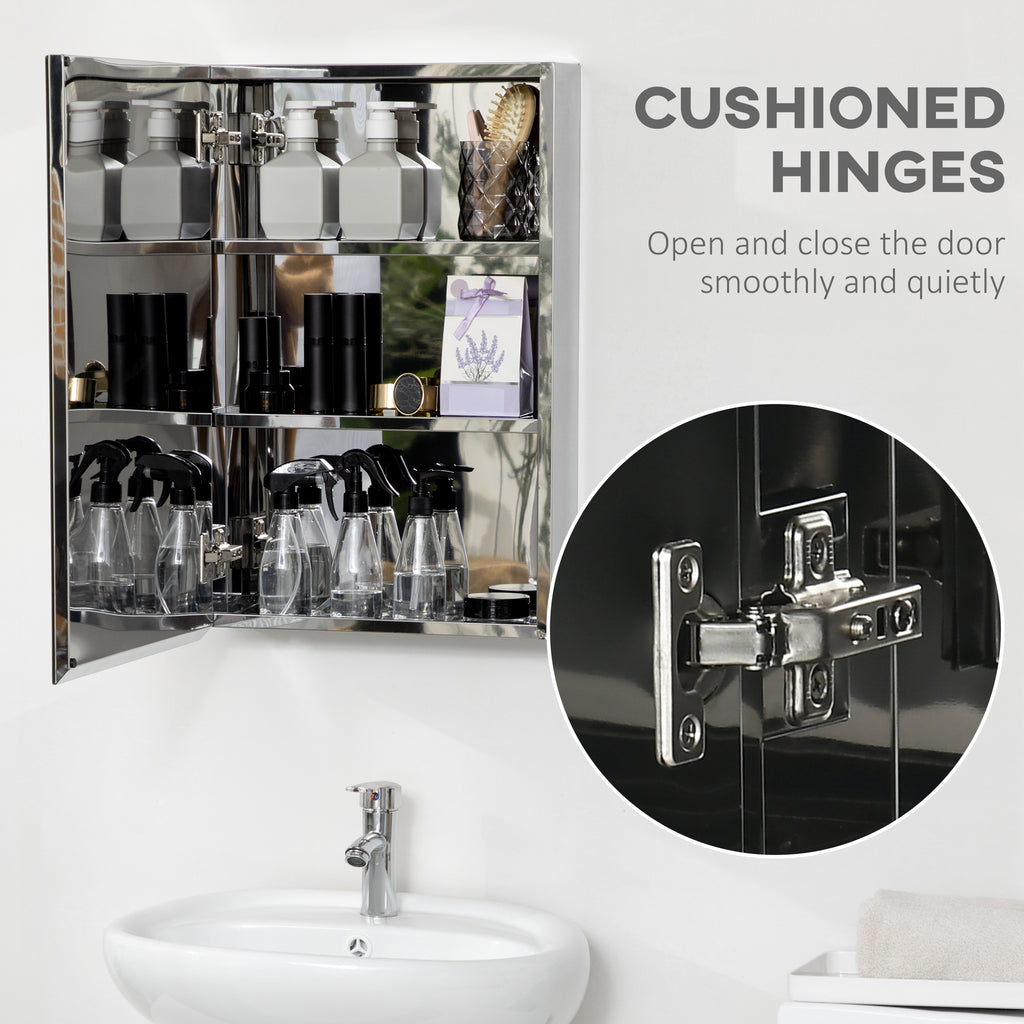 Wall Mounted Bathroom Medicine Cabinet Mirrored Cabinet with Hinged Door 3-Tier Storage Shelves Silver