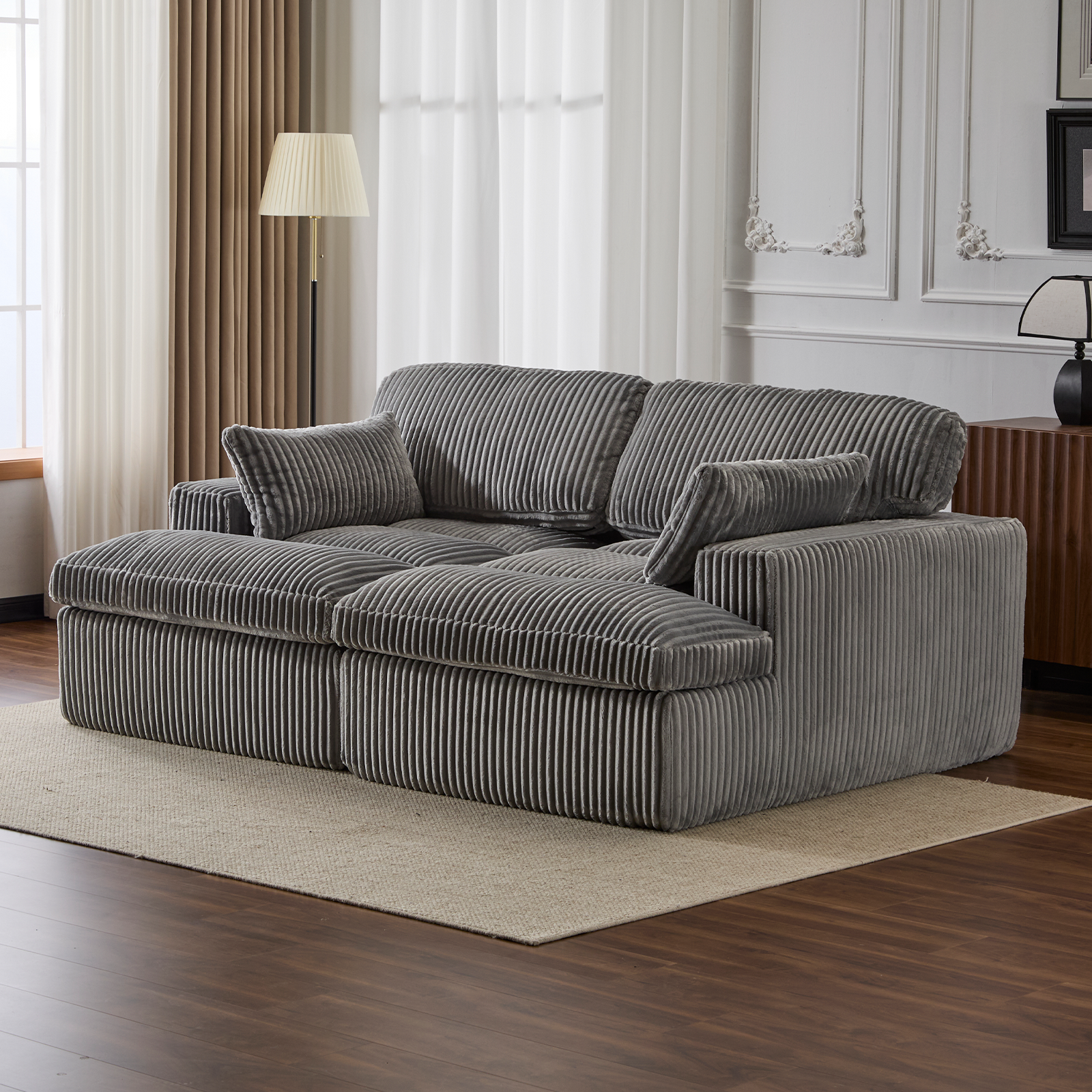 Double Chaise Lounge Chair Indoor,Oversized Upholstered Sleeper Cloud Couch,Deep Seat Luxury Sofa Bed,Sectional Sofa Chaise Love-seat,Corduroy Reading Chair For Living Room,No Assembly Required,Grey