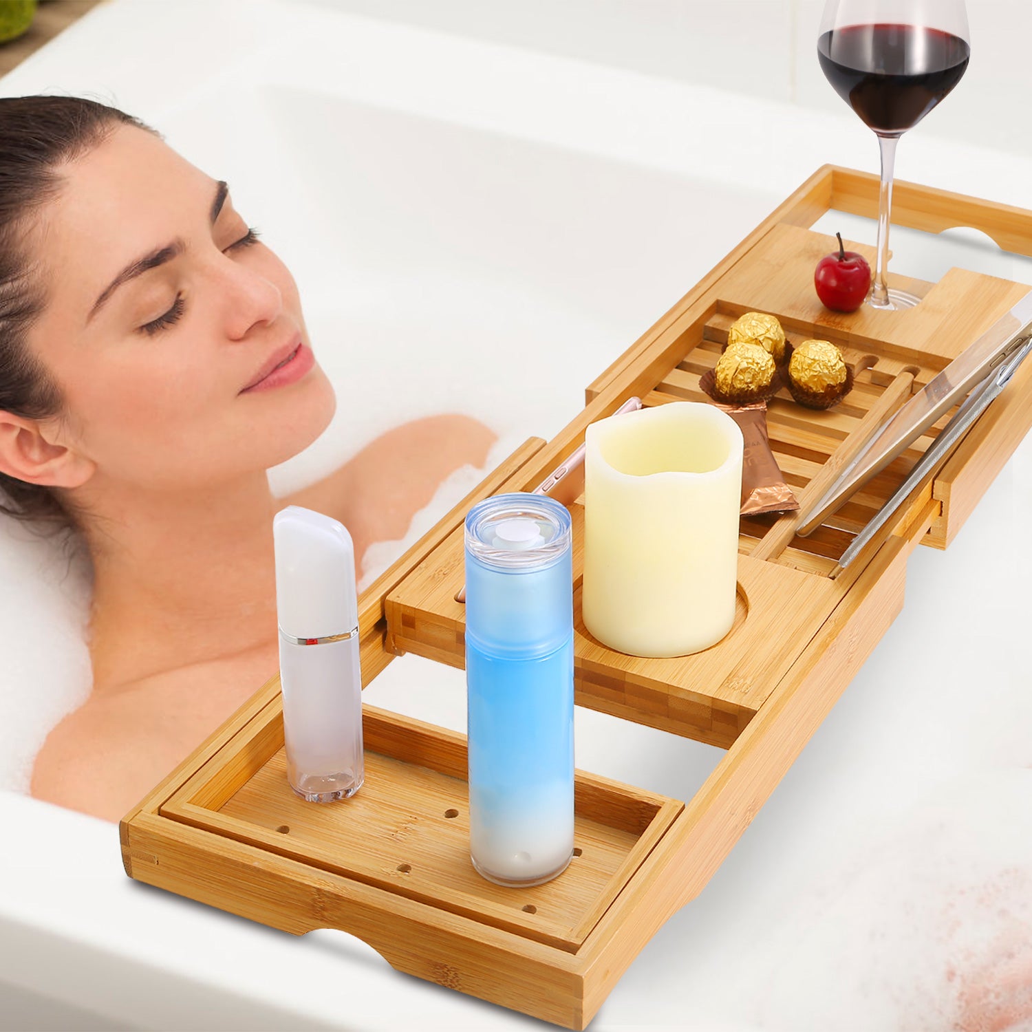 1Pc Bathtub Caddy Tray Crafted Bamboo Bath Tray Table