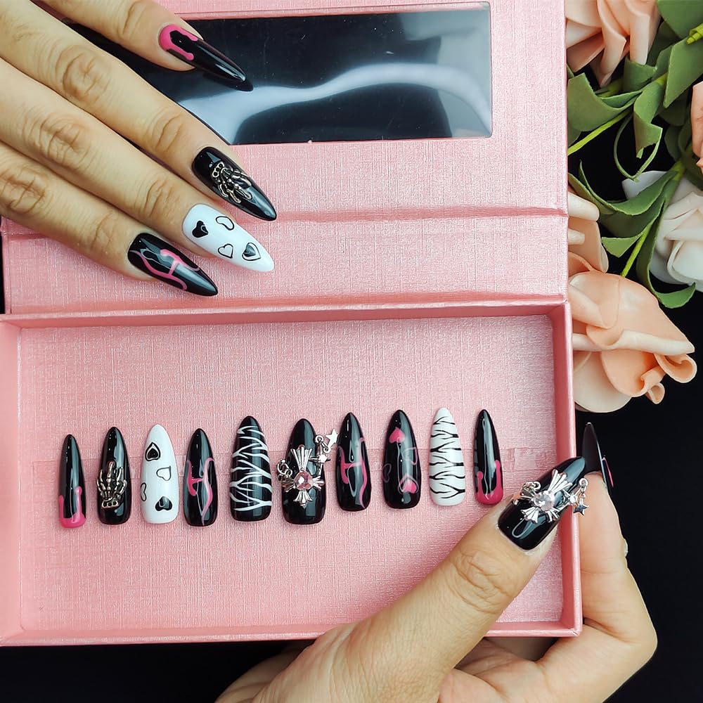 GGddsha Dark Series Pure Handmade Pressed Full StickMedium Almond Nails Hand Painted Designs ReusablePMMA Acrylic Press On Nails With Rhinestones w Box Ladies Gifts,Eclipse Sketch