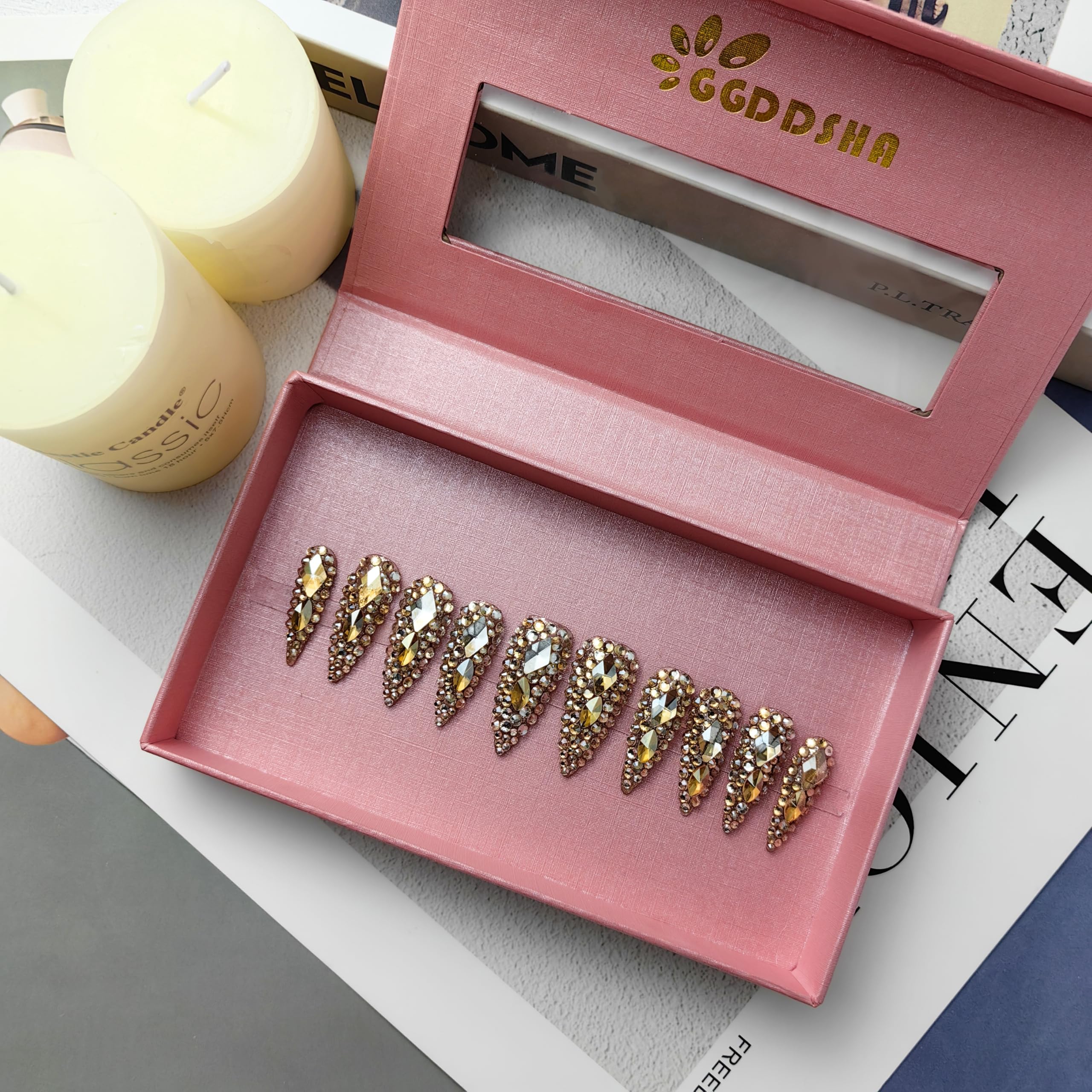 GGddsha Full Diamond Medium Almond Press On NailsReusable PMMA Acrylic Handmade Nails Full Deluxe 3DCrystal  W Box Gift For Women,Crown Jewel
