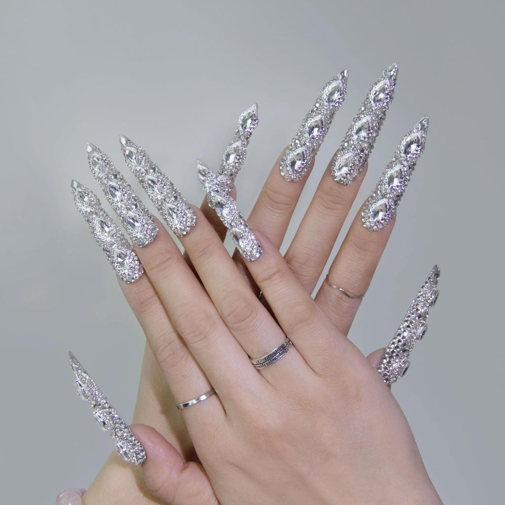 GGddsha Queen Of Haute Style Full Diamond Long AlmondPress On Nails PMMA Acrylic Handmade Nails Full Deluxe 3DCrystal ,Glacial Empress