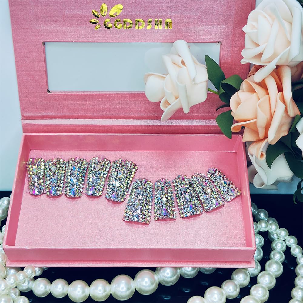 GGddsha Full Diamond Duck Nails Medium Square ReusablePMMA Acrylic Nails Handmade Full Coverage Deluxe 3DCrystal With Box Gift For Women,Aurora Edge