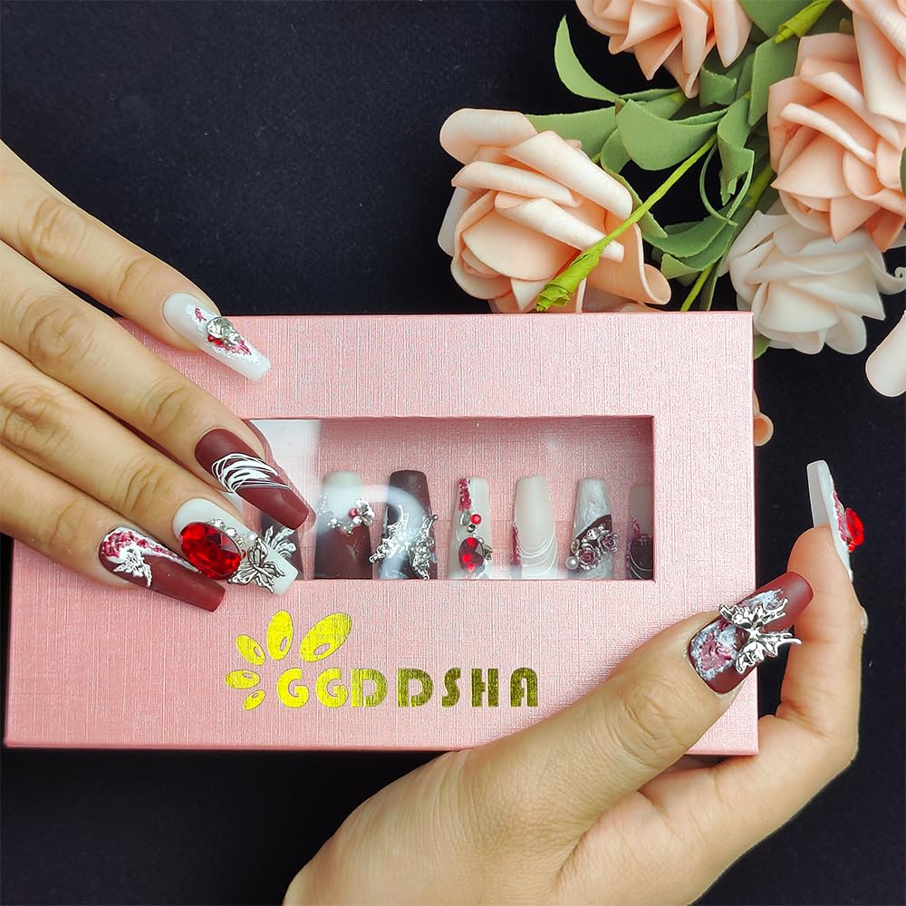 GGddsha  PMA Acrylic Handmade Nails FullDeluxe 3D Crystal W Box Gift For Women,Suede Scarlet