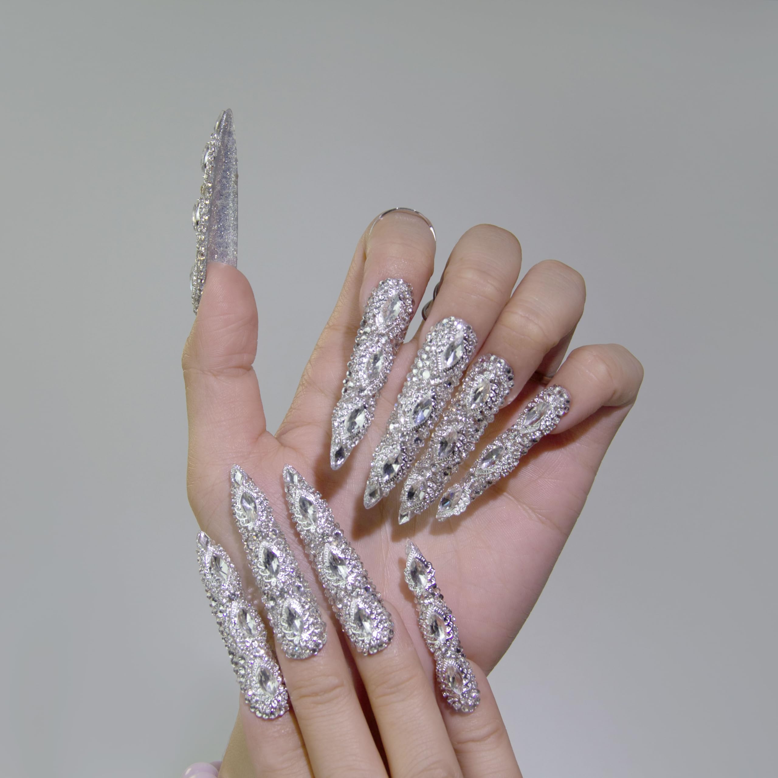GGddsha Queen Of Haute Style Full Diamond Long AlmondPress On Nails PMMA Acrylic Handmade Nails Full Deluxe 3DCrystal ,Glacial Empress