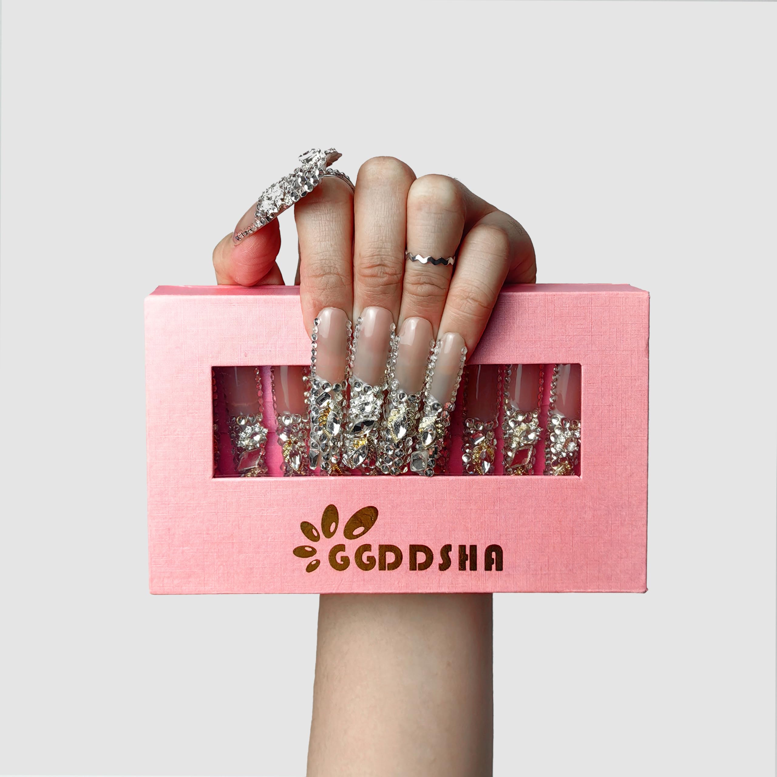 GGddsha New PMMA Acrylic Press On Nails StunningBling Nails, Rhinestone , Glitter Rhinestone NailsGradient Fake NailsCrystal Cascade