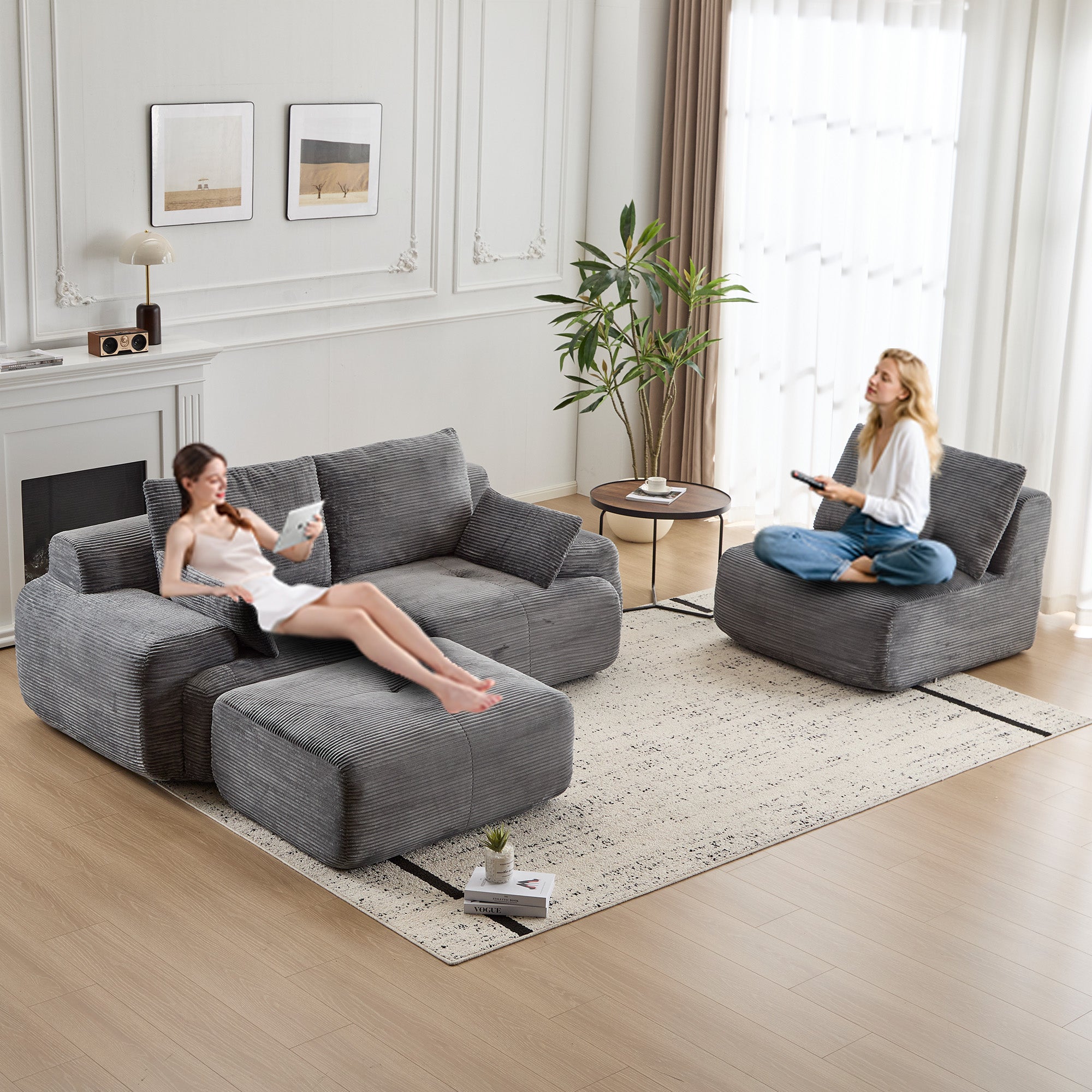 Modern Memory Foam Compressed Sofa,Large Sectional Couches For Living Room,Pet-Friendly Cloud Modular Sectional Sofa,Corduroy Fabric,Extra Deep Loveseat,No Assembly Required,GREY