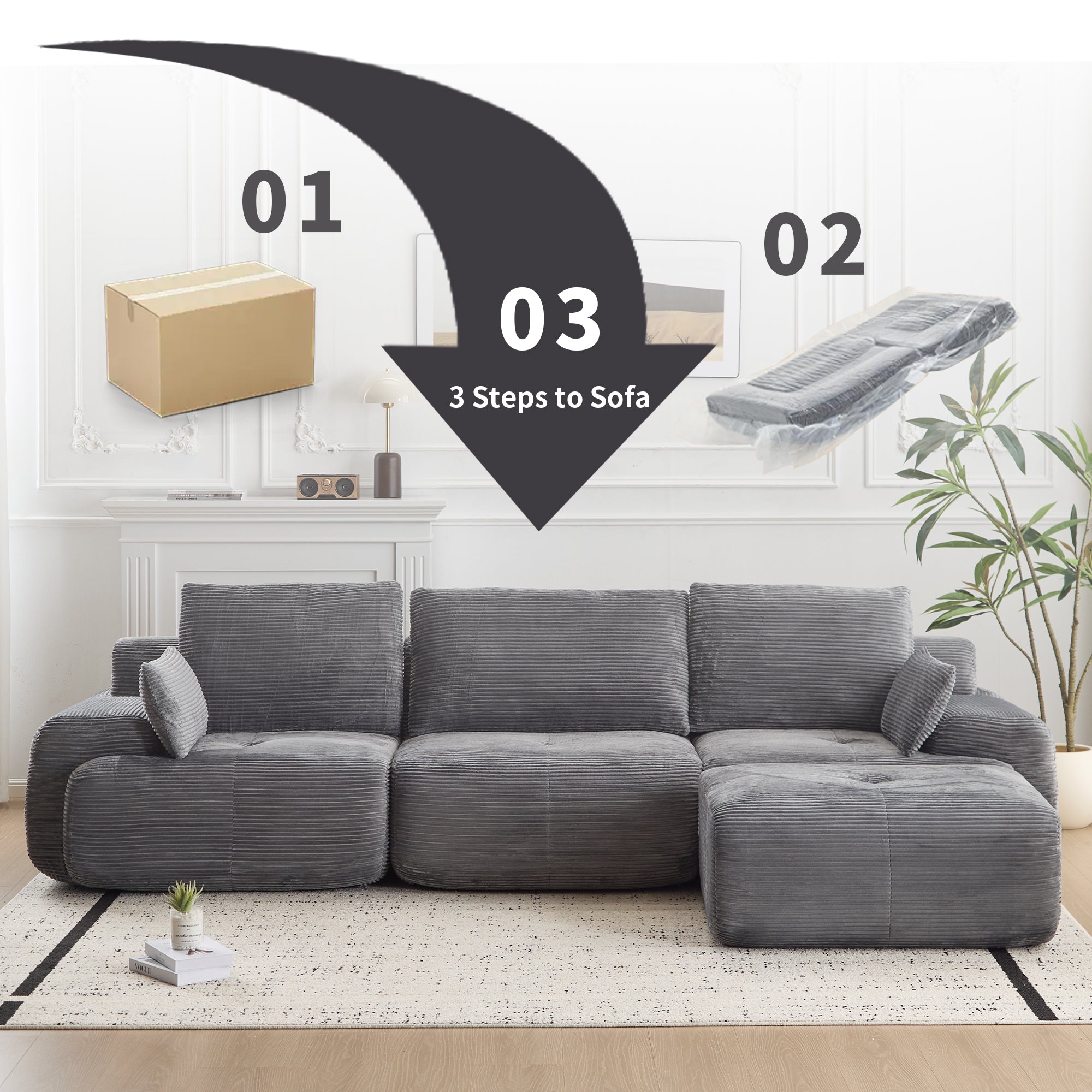 Modern Memory Foam Compressed Sofa,Large Sectional Couches For Living Room,Pet-Friendly Cloud Modular Sectional Sofa,Corduroy Fabric,Extra Deep Loveseat,No Assembly Required,GREY