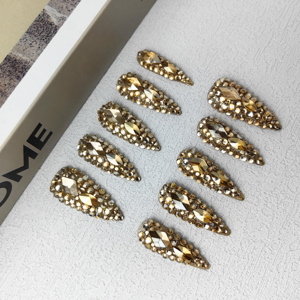 GGddsha Full Diamond Medium Almond Press On NailsReusable PMMA Acrylic Handmade Nails Full Deluxe 3DCrystal  W Box Gift For Women,Crown Jewel